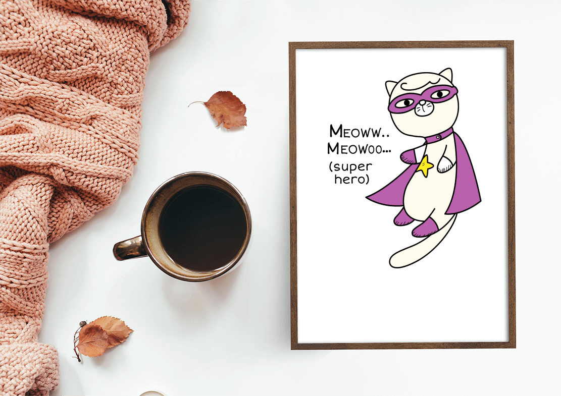 Superhero cat illustration with comic-style text - Mi tienda