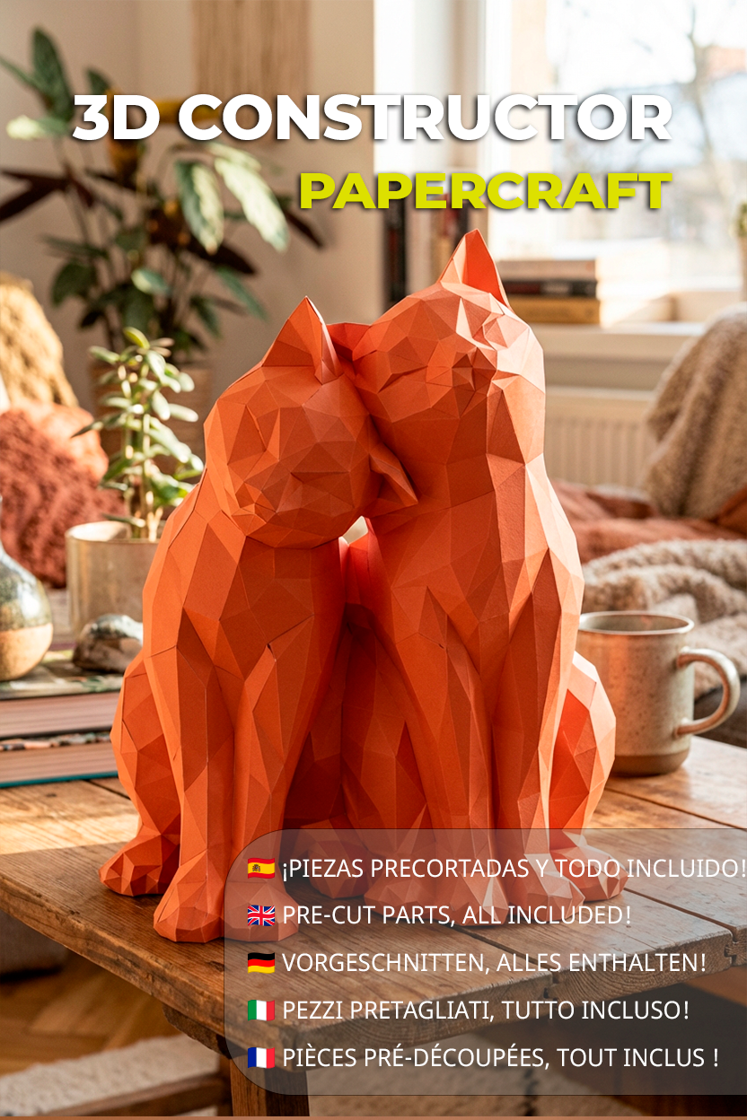 Figura constructor gatos poligonales de papel, manualidad 3D para montar 35x29x26 — PaperCraft DIY, figura de cartón para decoración del hogar