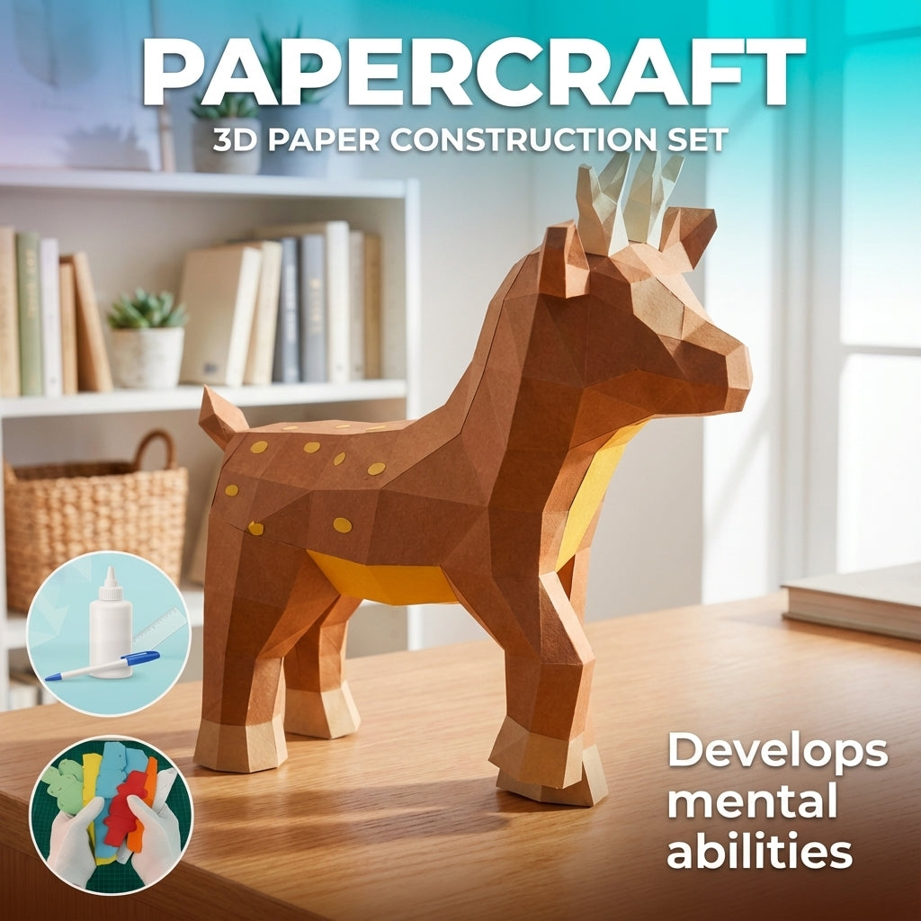 Ciervo pequeño 3D, figura de papel poligonal para ensamblar 42x32x11 – Manualidad DIY, ciervo de cartón escultórico para decoración de pared moderna