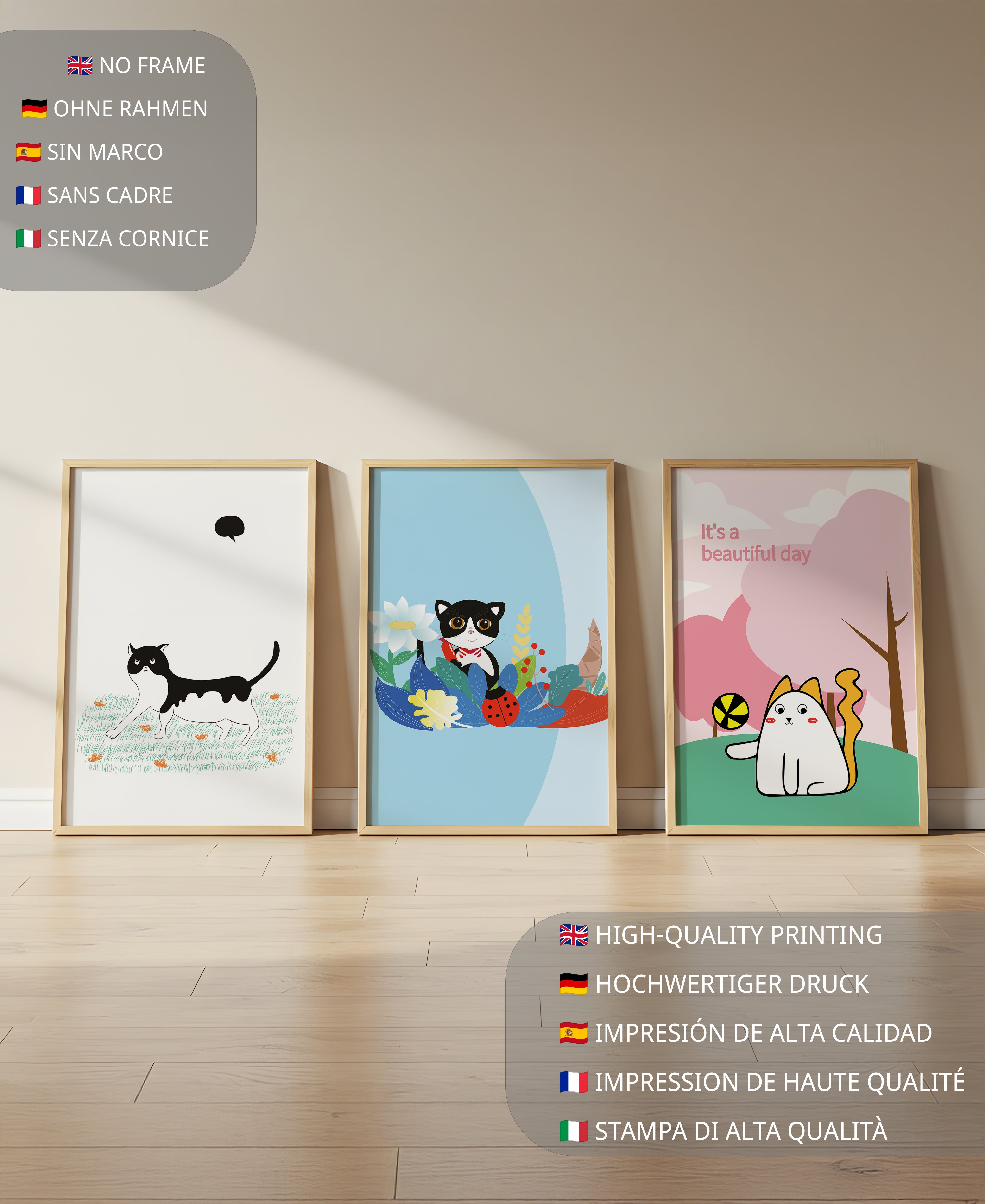 Pósters Coloridos con Gatos en Estilo Ilustrado para Decoración
