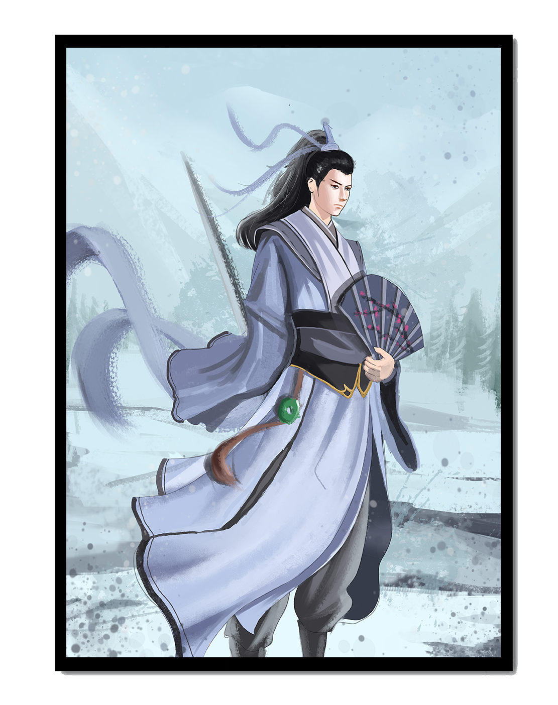 Elegant warrior in traditional attire with flowing robes and fan