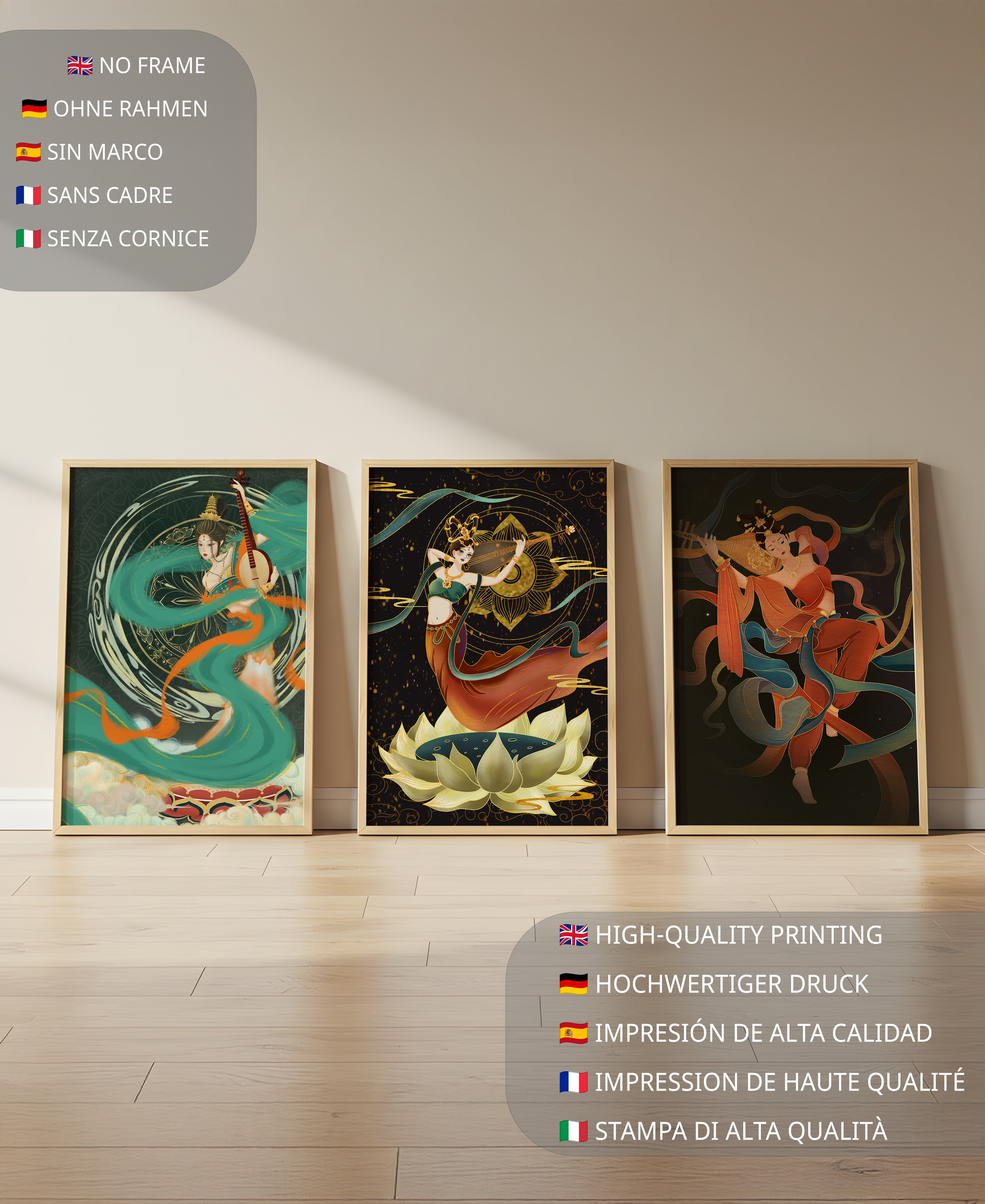 Ensemble d’affiches de style asiatique avec motifs floraux et dorés