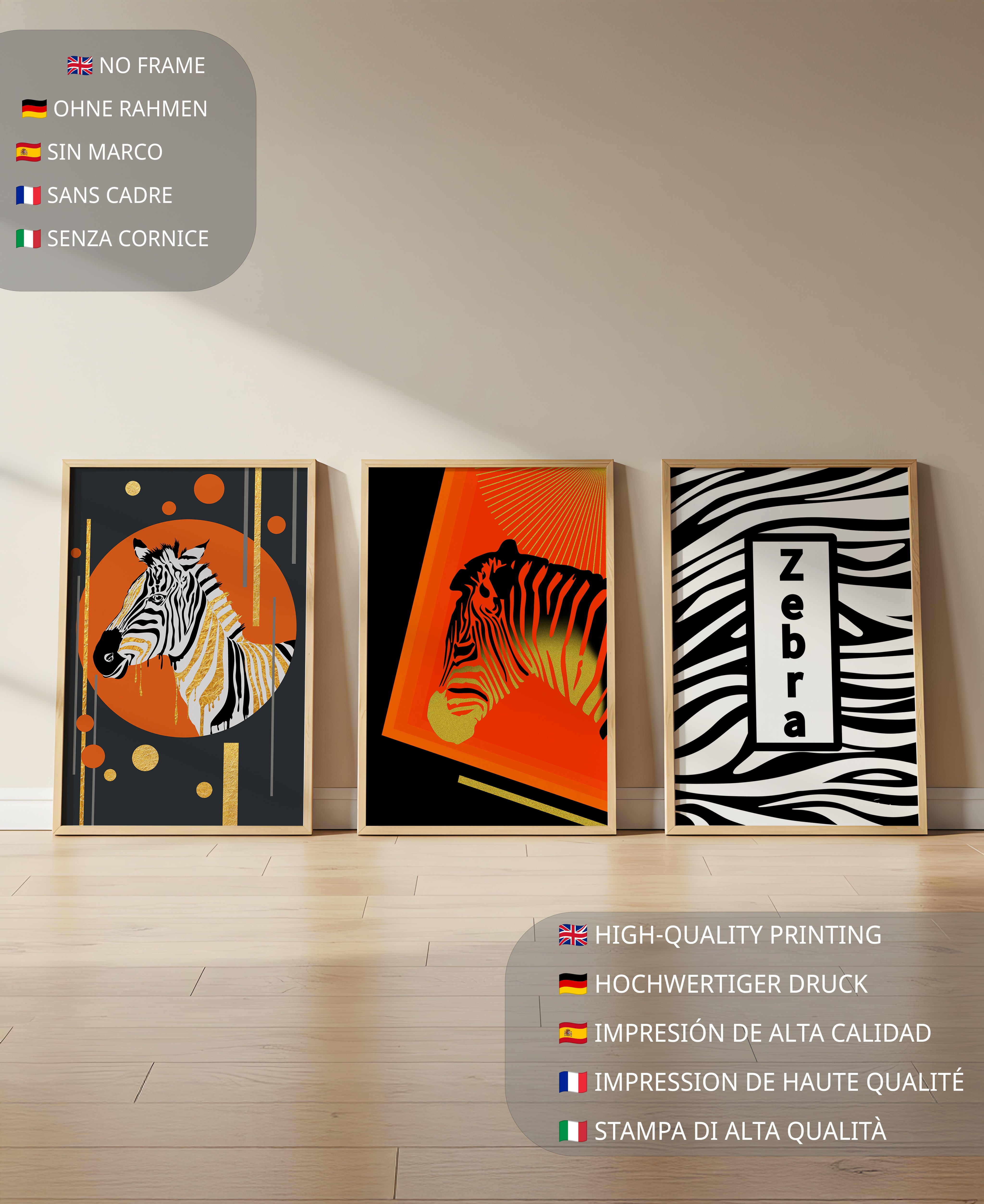 Ensemble d'impressions artistiques de zèbres au design moderne