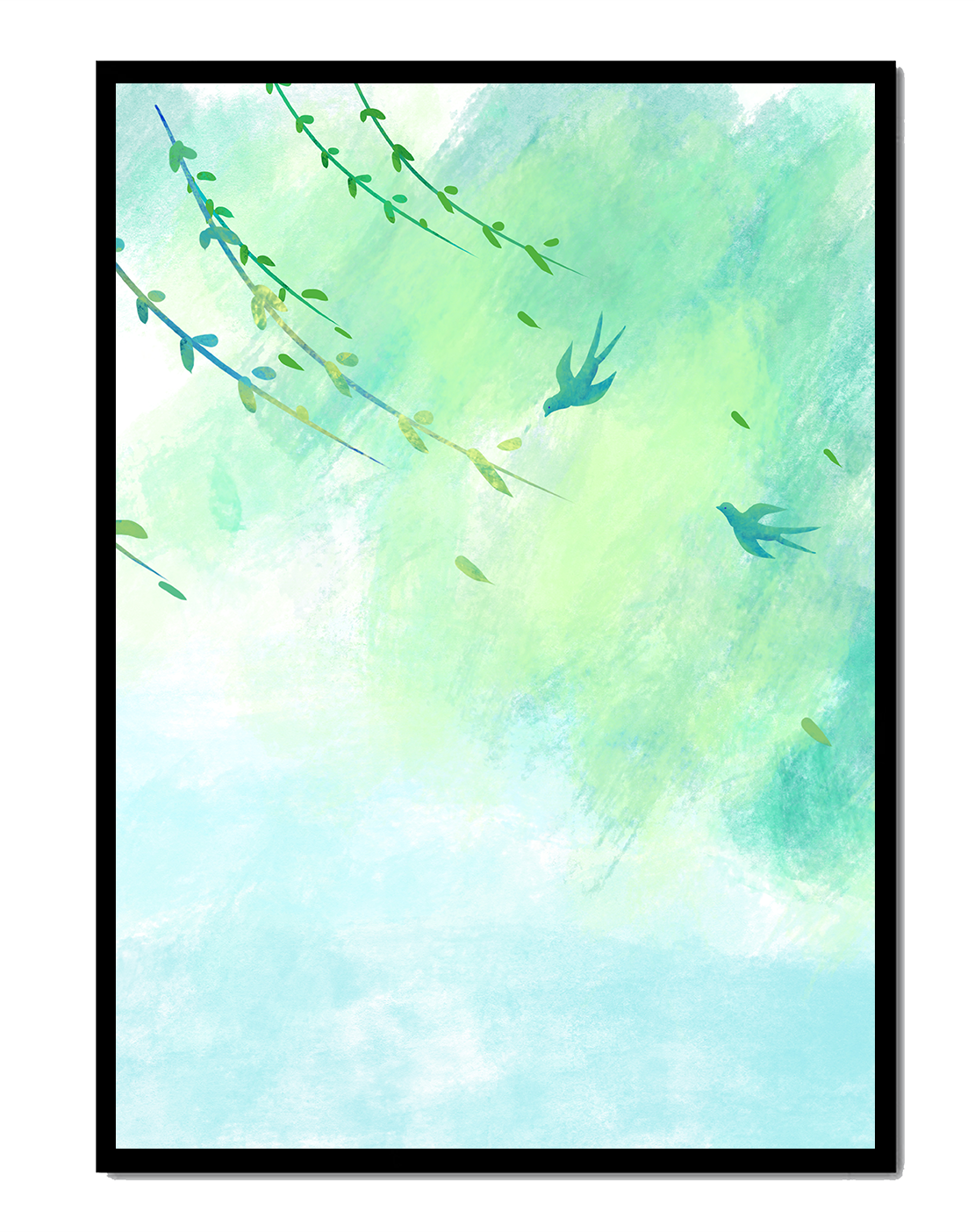 Serene Spring Scene with Birds and Leaves on a Light Blue Background