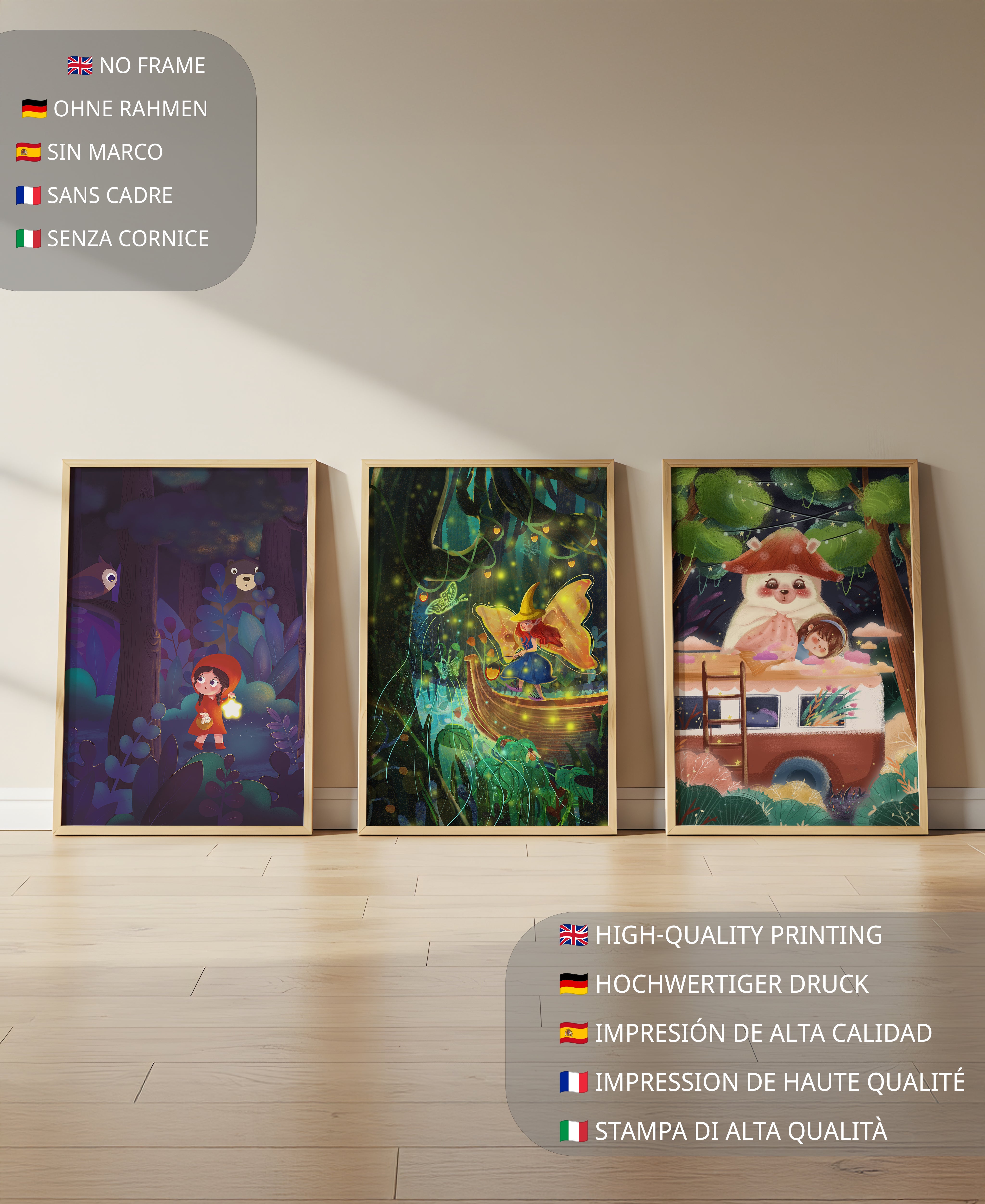 Triptyque d’illustrations fantastiques pour décoration enfantine