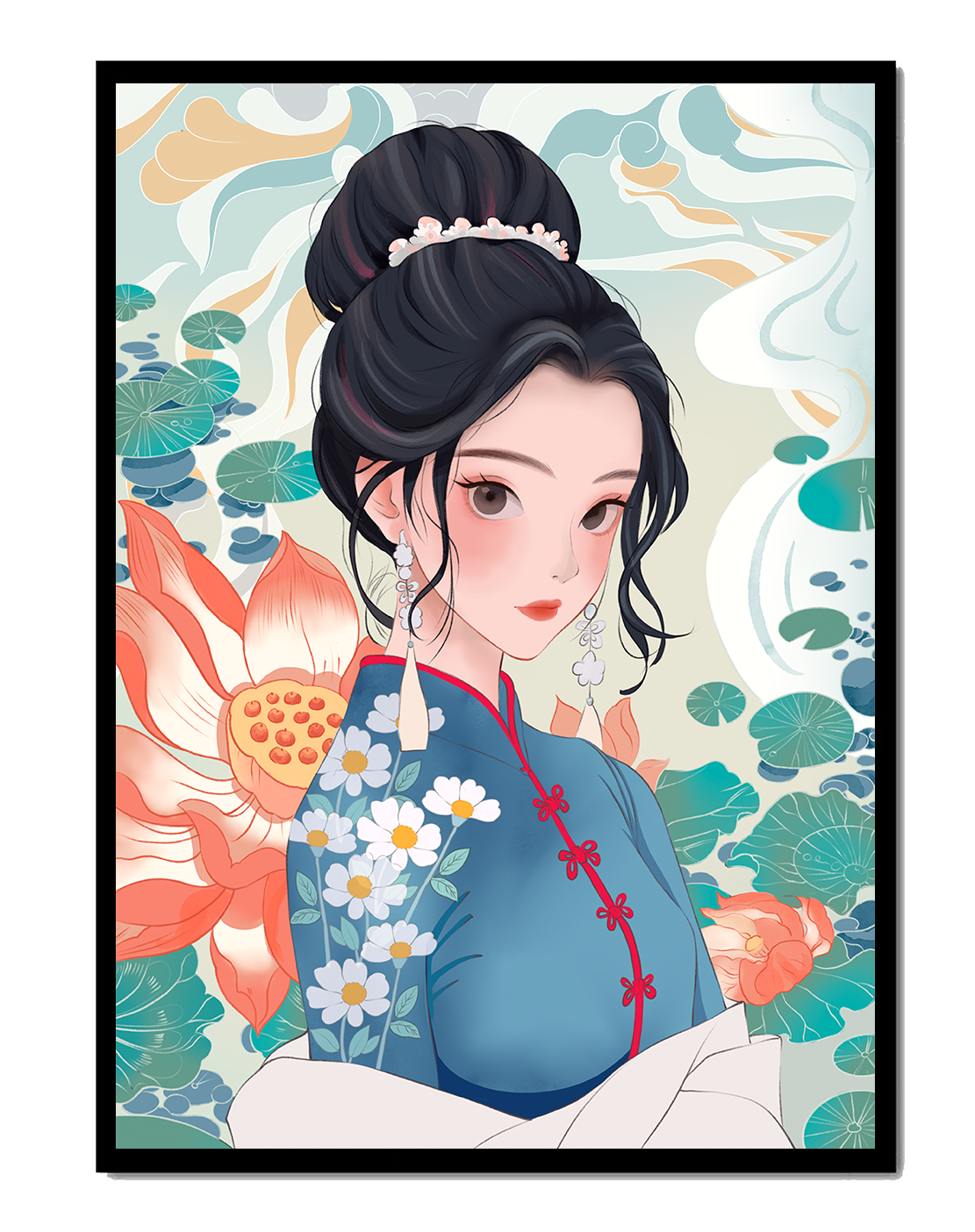 An Elegant Woman in Traditional Oriental Dress with Floral Patterns and Lotus Flowers