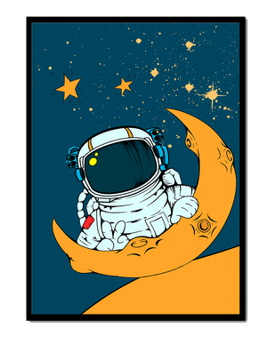 Charming Astronaut Sitting on a Crescent Moon with Stars in Space - Mi tienda