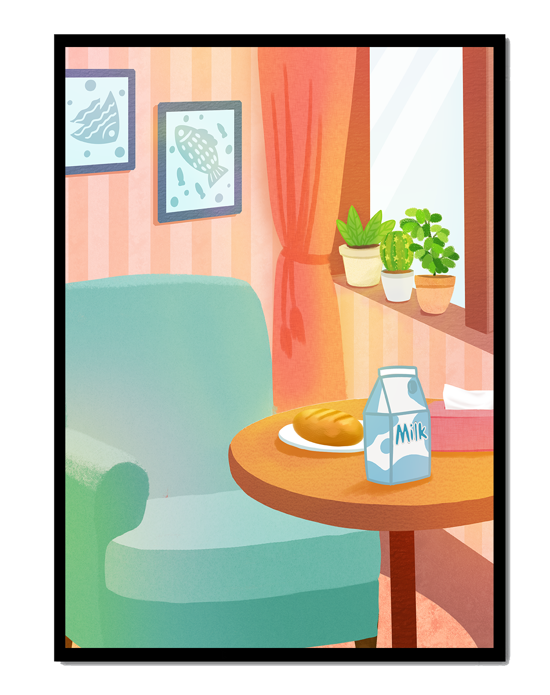Cozy Living Room with Table and Milk Carton