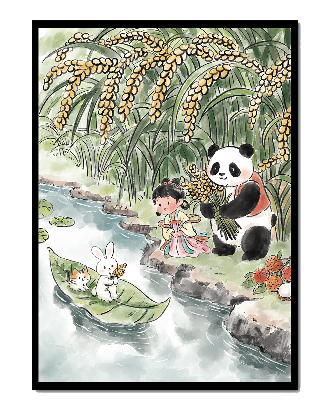 Whimsical Scene with Panda and Rabbit by River