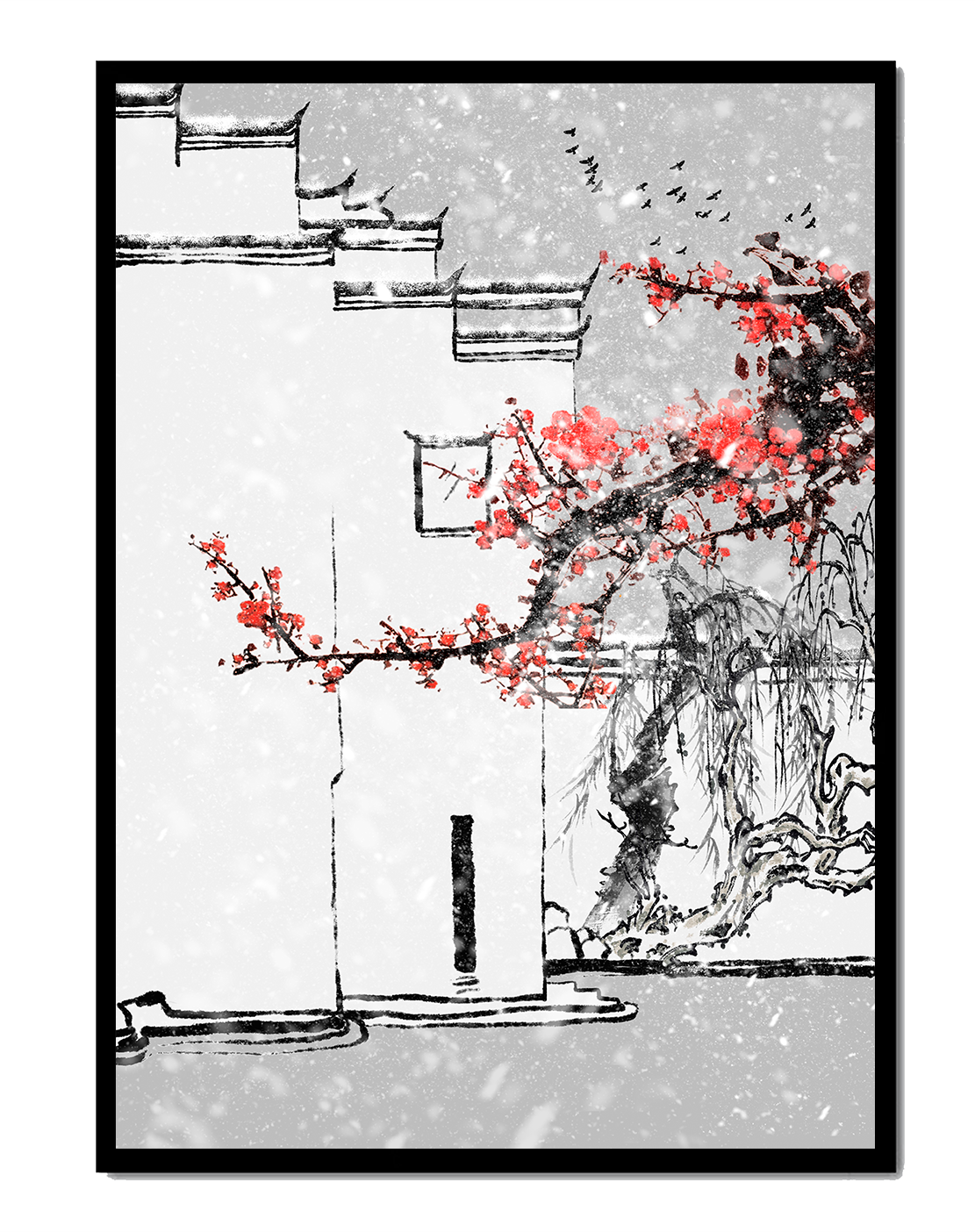 Traditional Asian architecture with red blossoms in snowy landscape