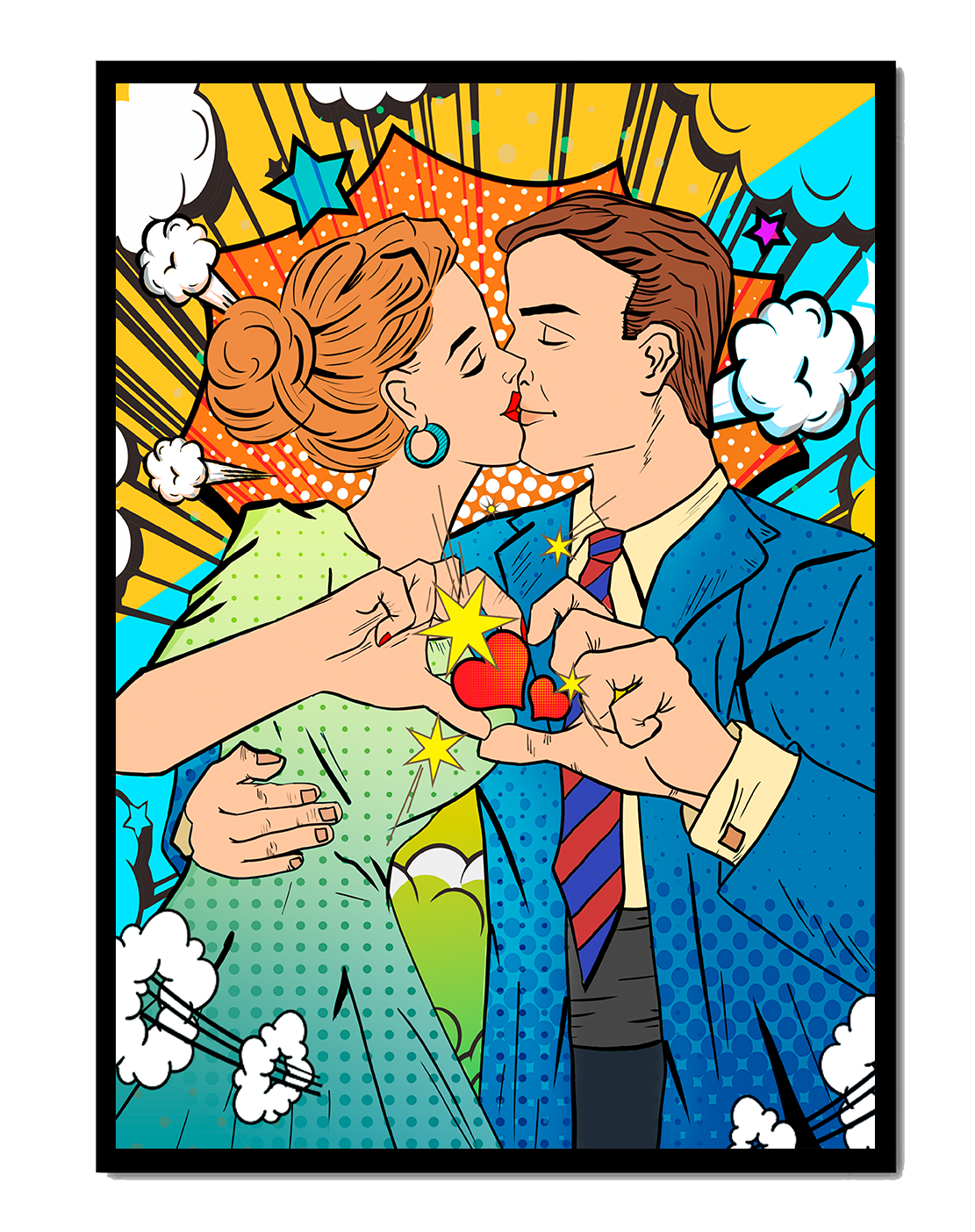 Romantic Pop Art Style Illustration of a Couple Kissing with Comic Elements
