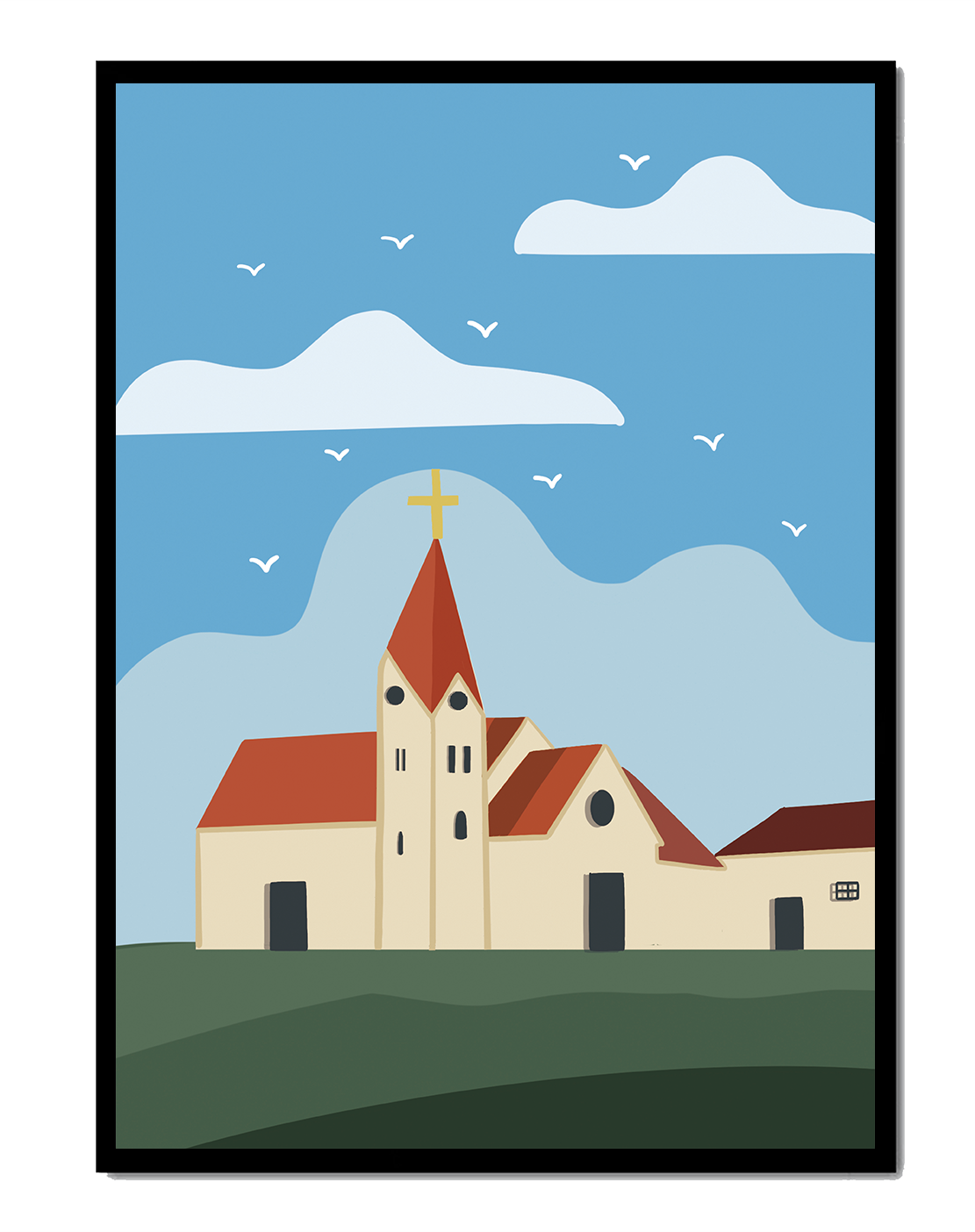 Paisaje idílico de iglesia con cruz dorada y cielo azul