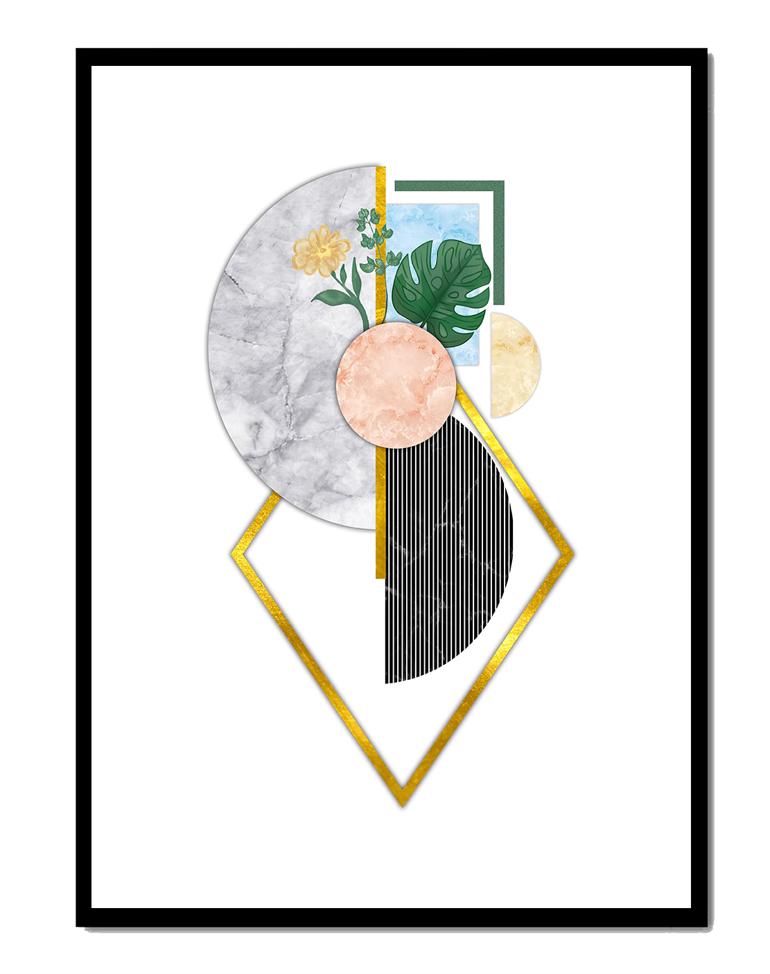 Abstract geometric art with floral and gold accents