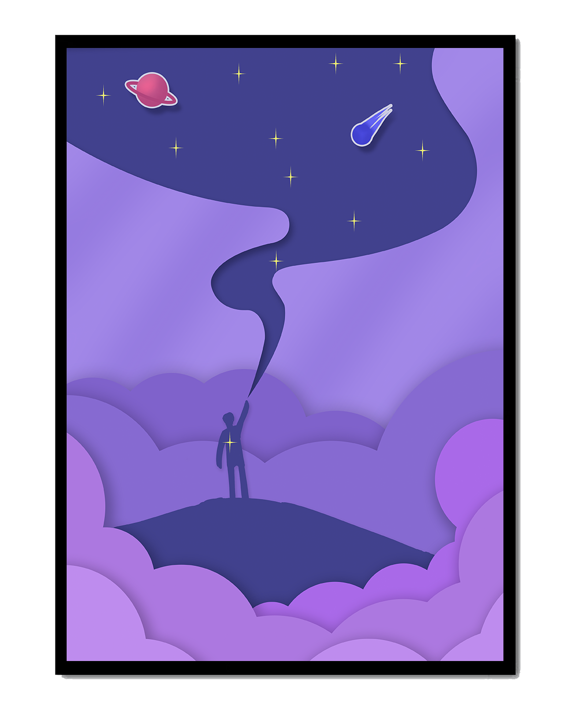 Silhouette in a cosmic landscape with stars and planets