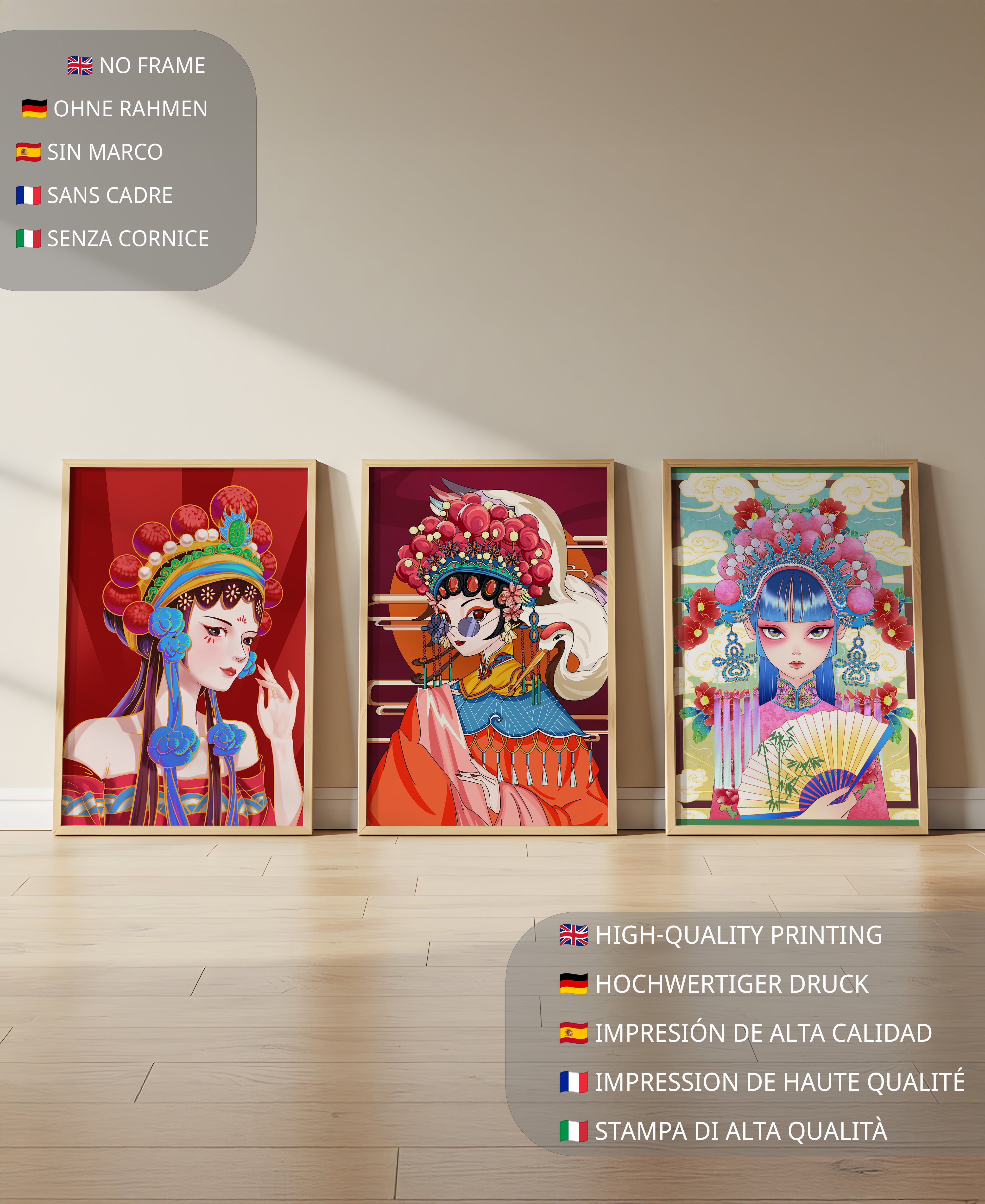 Arte Decorativo Oriental con Detalles Coloridos de Mujer en Impresión de Alta Calidad