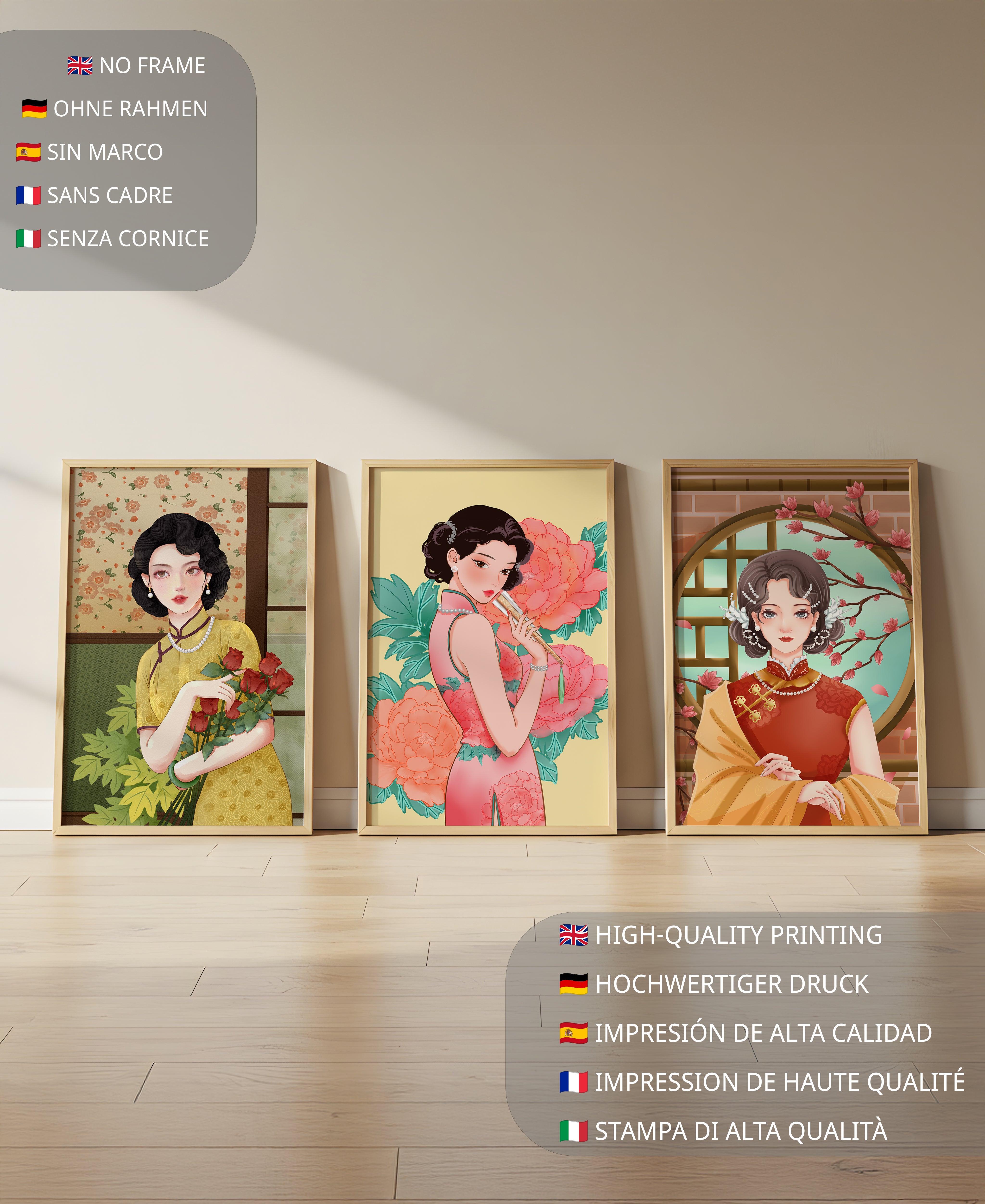 Conjunto de Tres Ilustraciones de Mujeres con Estilo Asiático Clásico