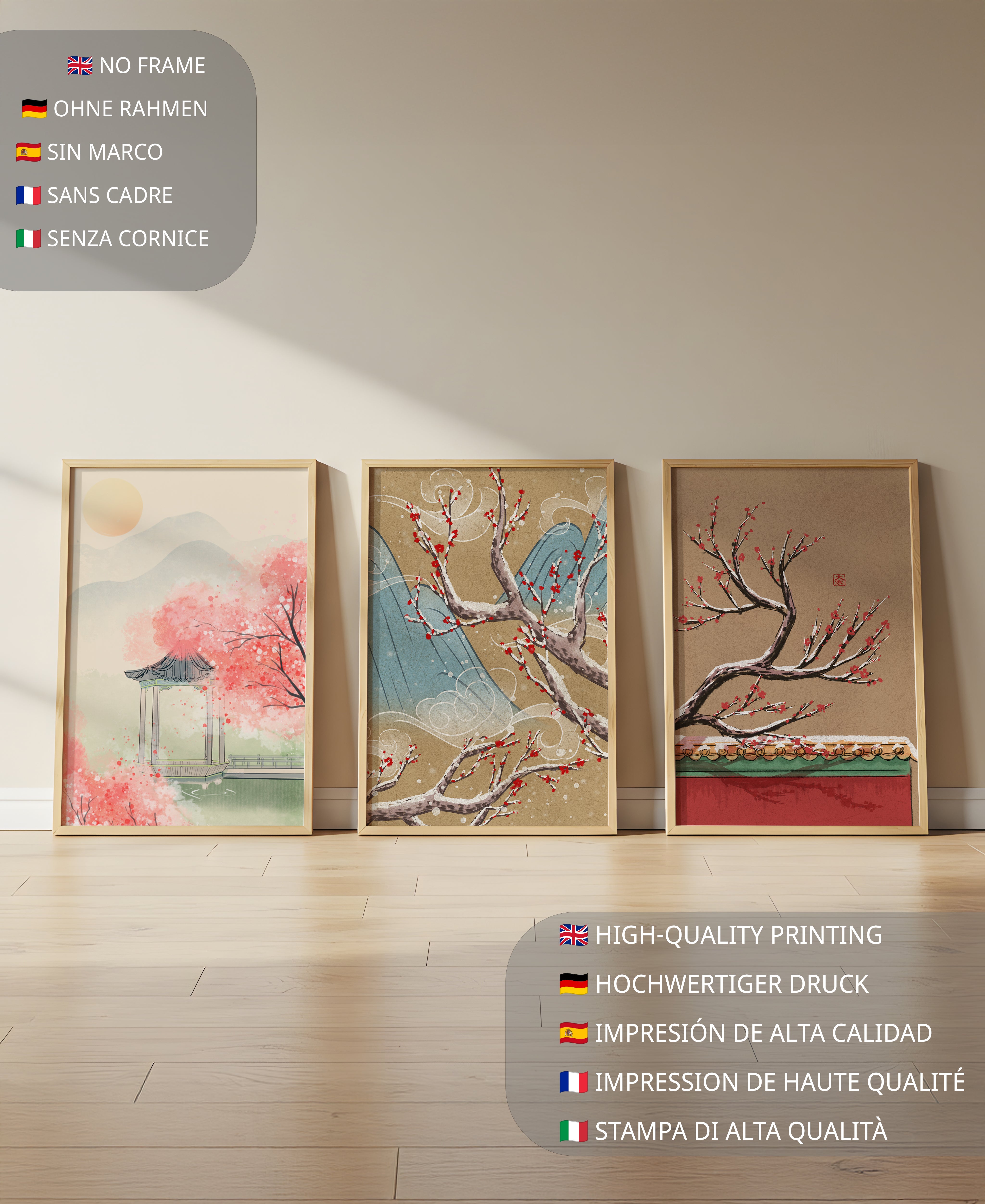 Ensemble de toiles orientales avec fleurs de cerisier