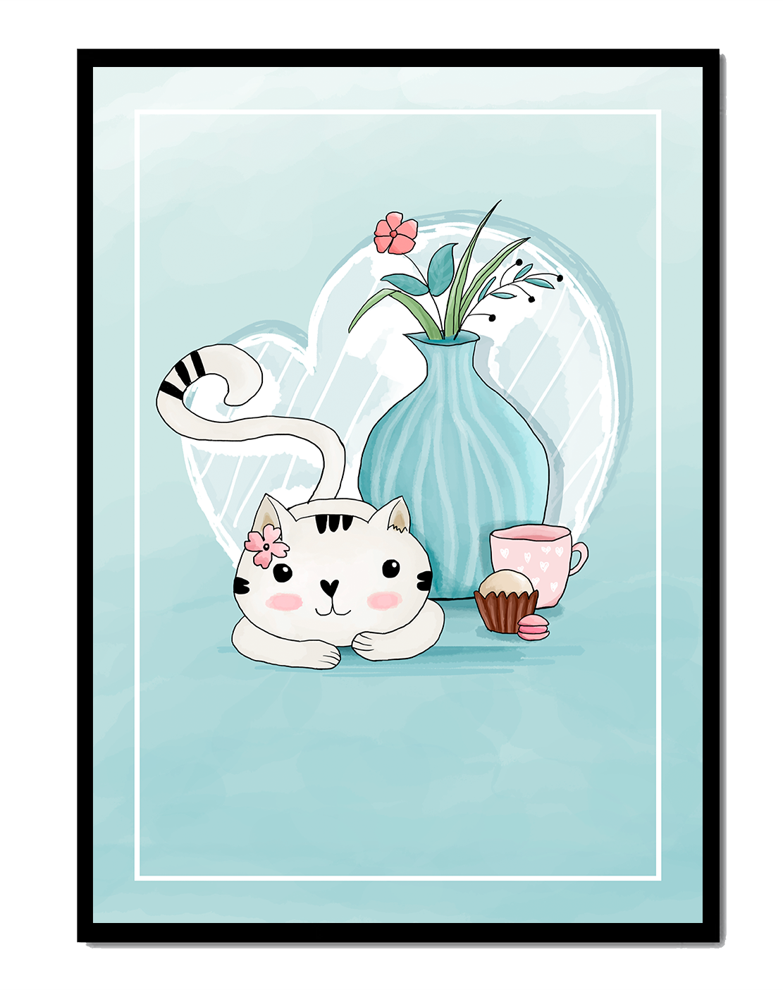 Cute Cat with Flowers, Cup, and Vase on Blue Background - Mi tienda