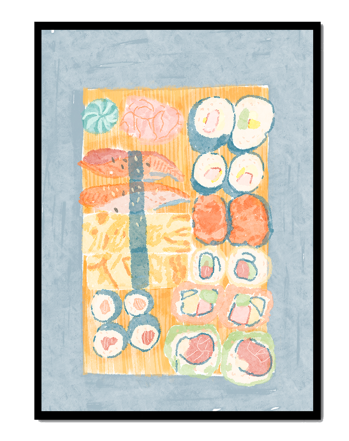 Buntes Aquarell-Sushi-Sortiment auf einem Holzbrett