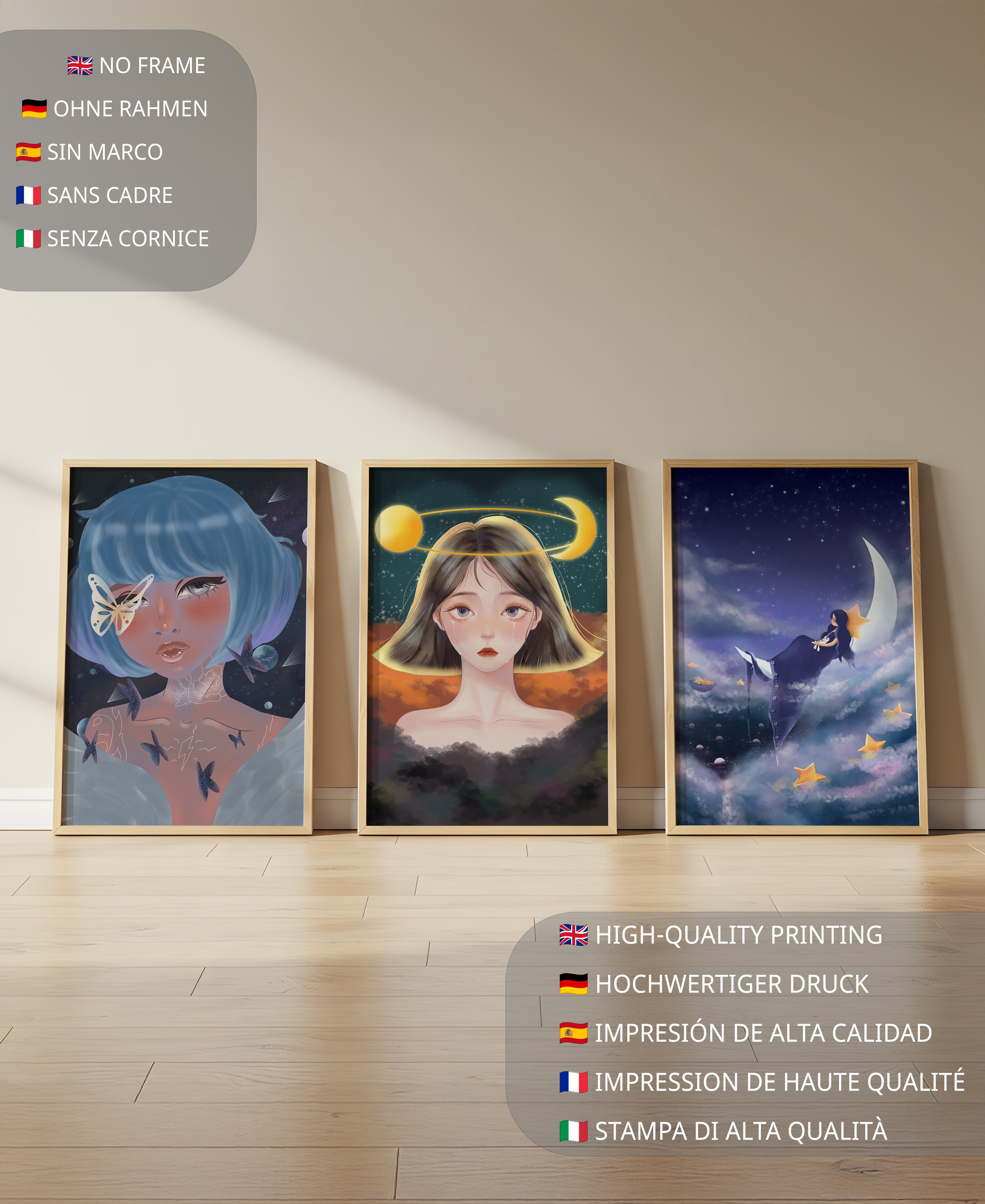 Tríptico De Retratos Ilustrados Con Elementos Astrales