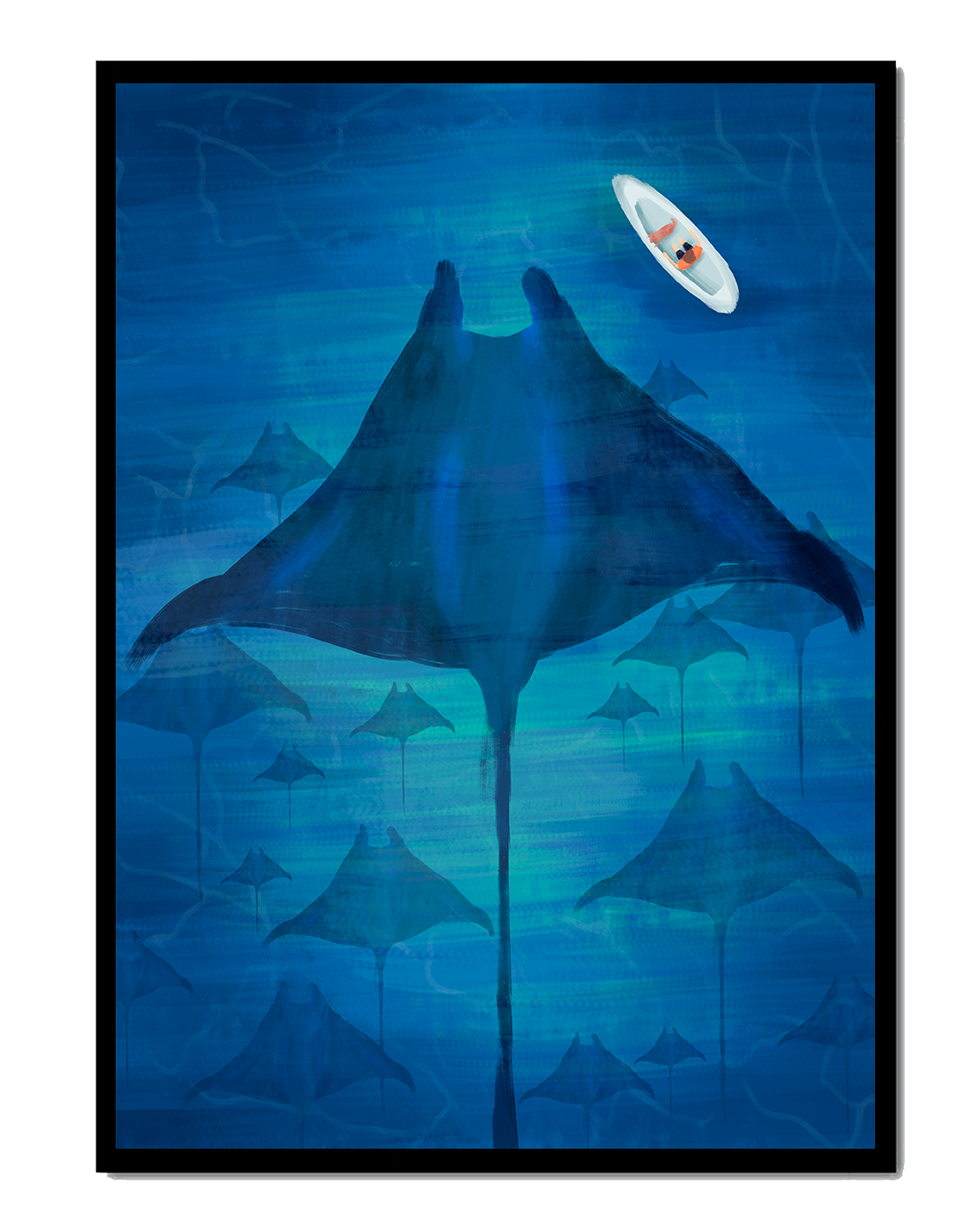 Serene underwater scene with manta rays and a lone kayak