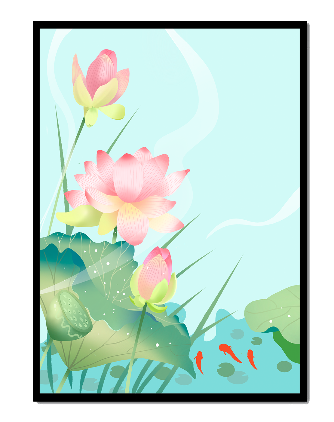 Illustrative Lotusblumen mit Blättern und Koi-Fischen in einem ruhigen Teich