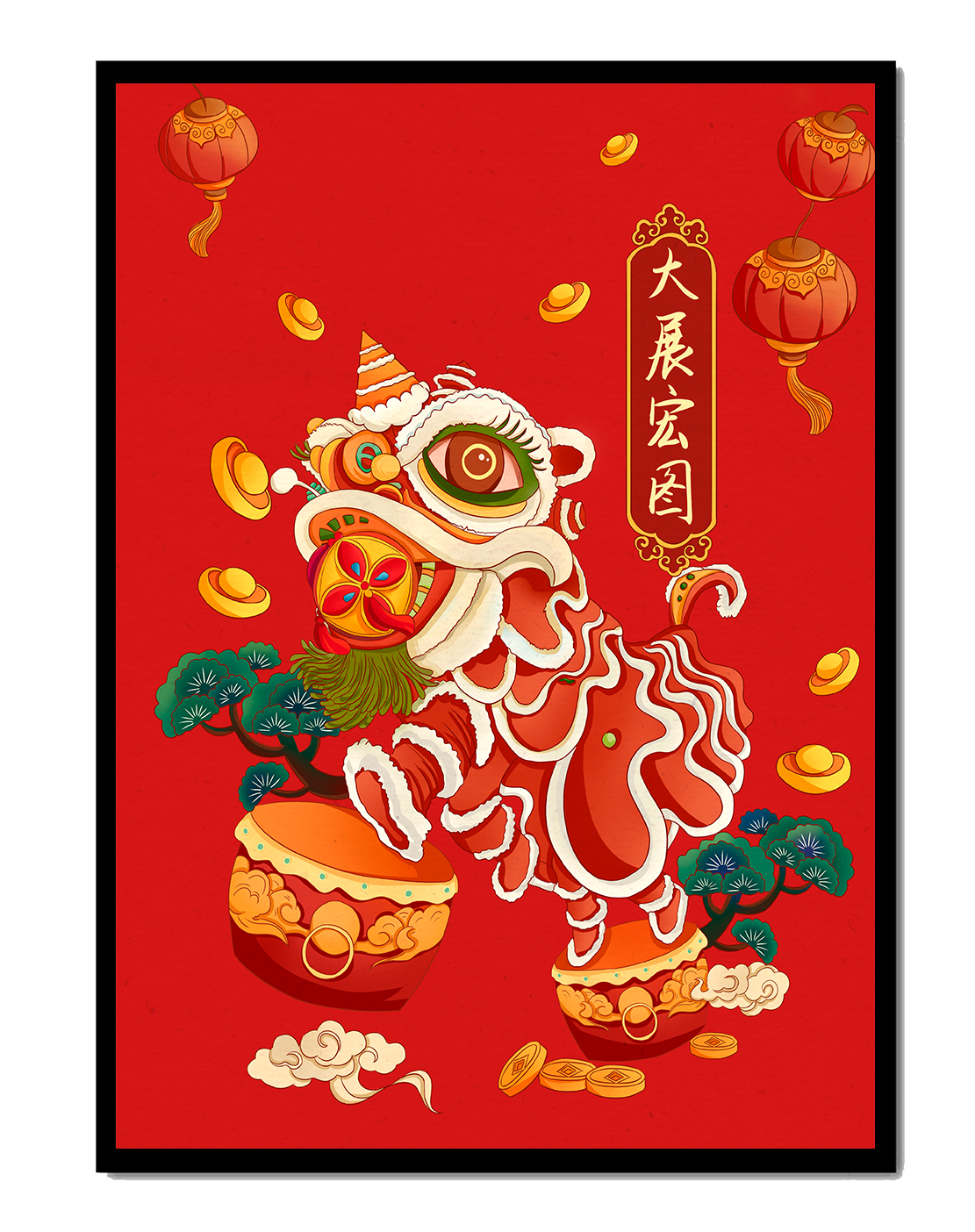 Traditional Chinese lion dance illustration with festive elements