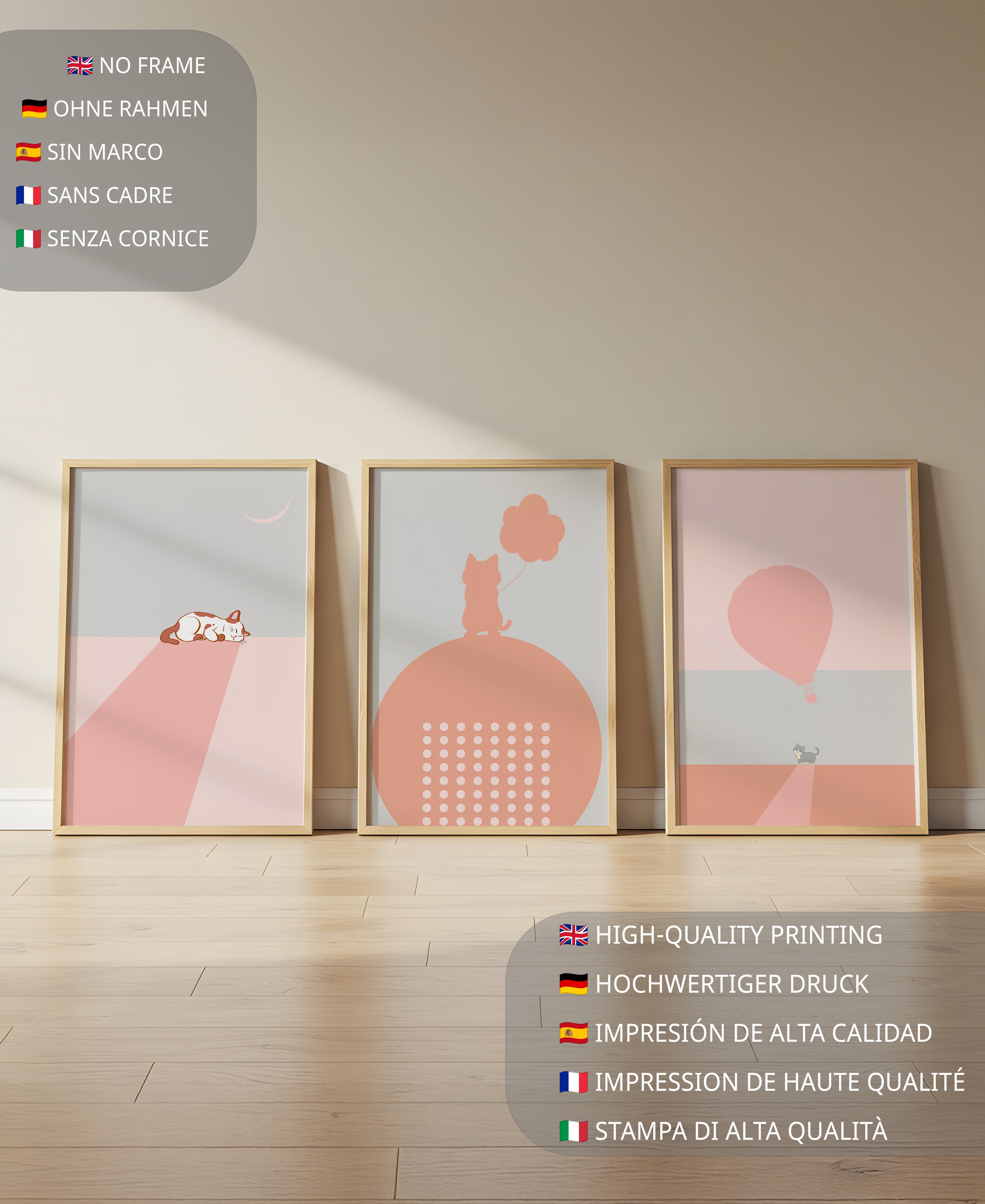 Triptyque minimaliste avec chats et ballon en ton rose