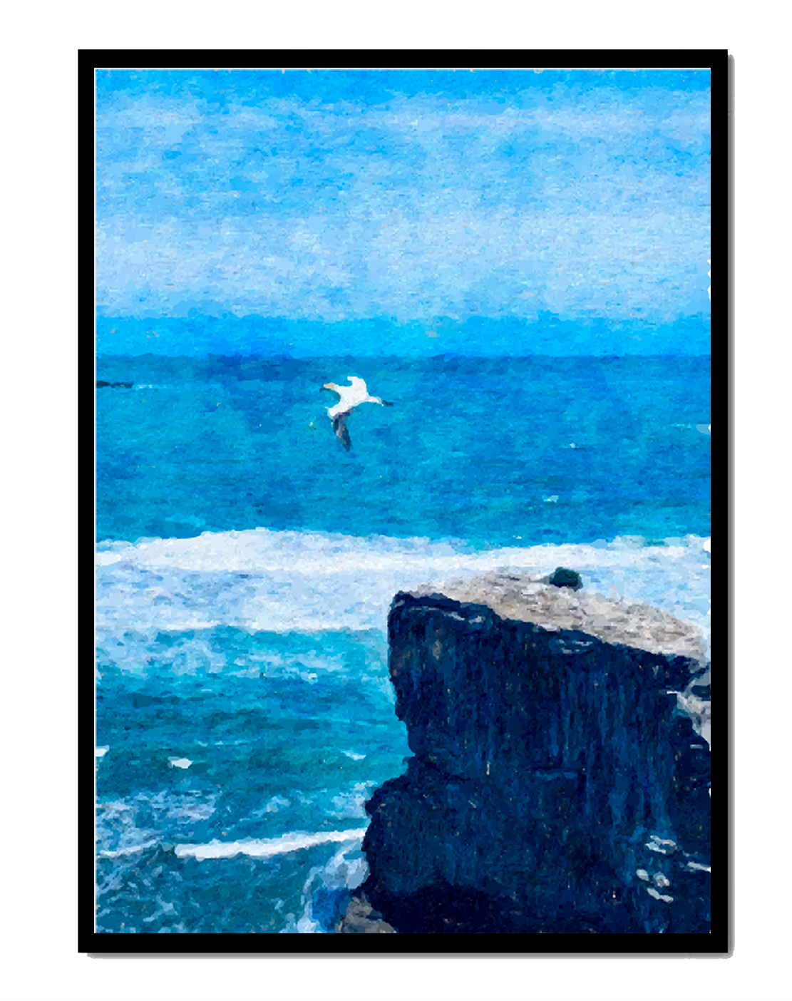 Seascape with soaring seagull over rocky cliff and ocean waves