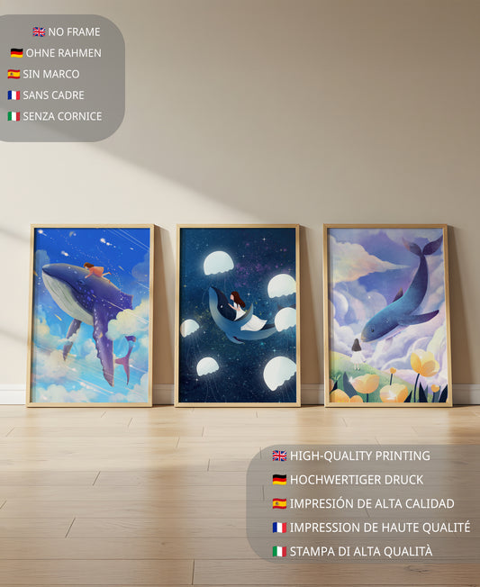 Impressions artistiques de baleines dans un style fantastique