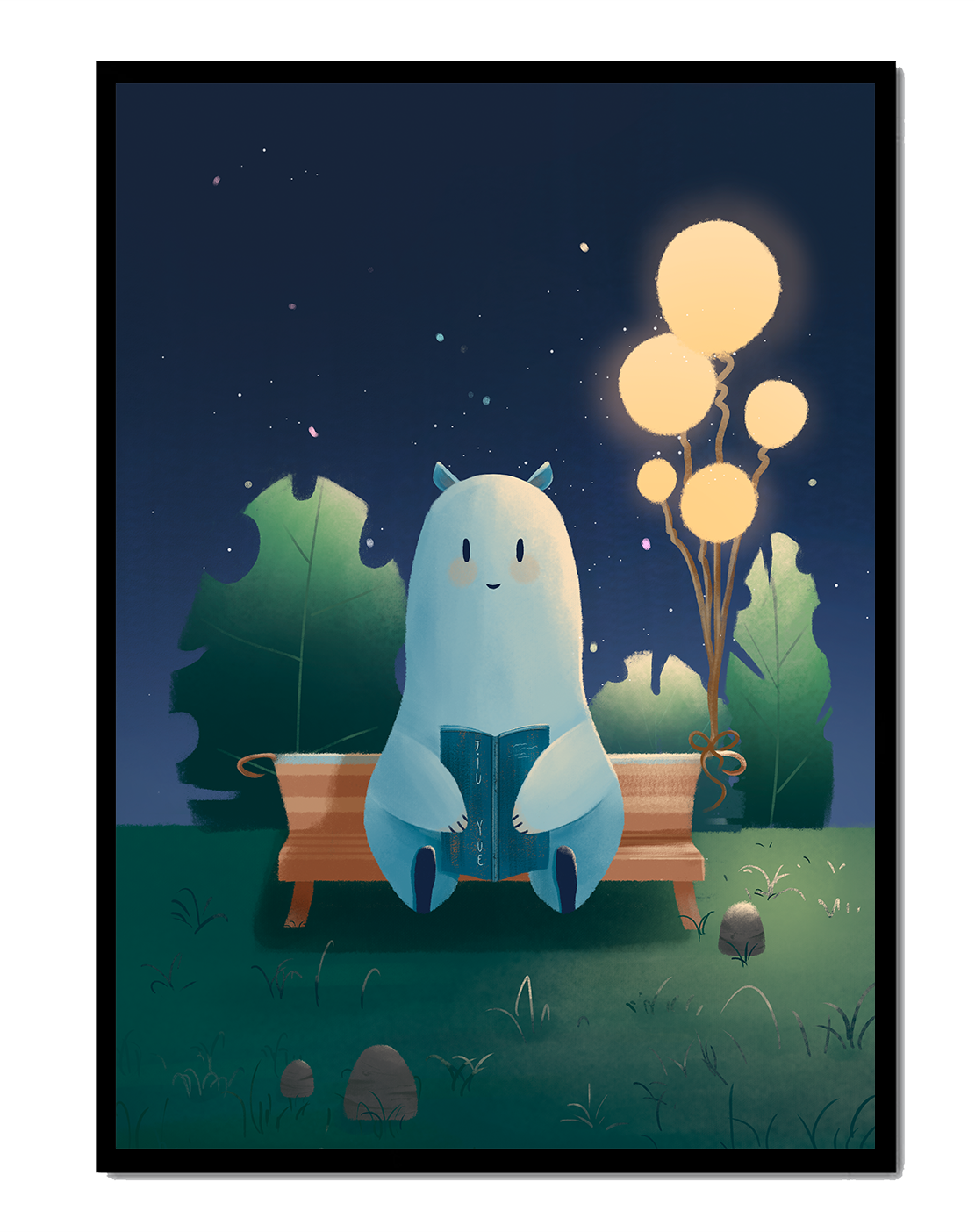 Cozy nighttime illustration with a creature reading under starry sky