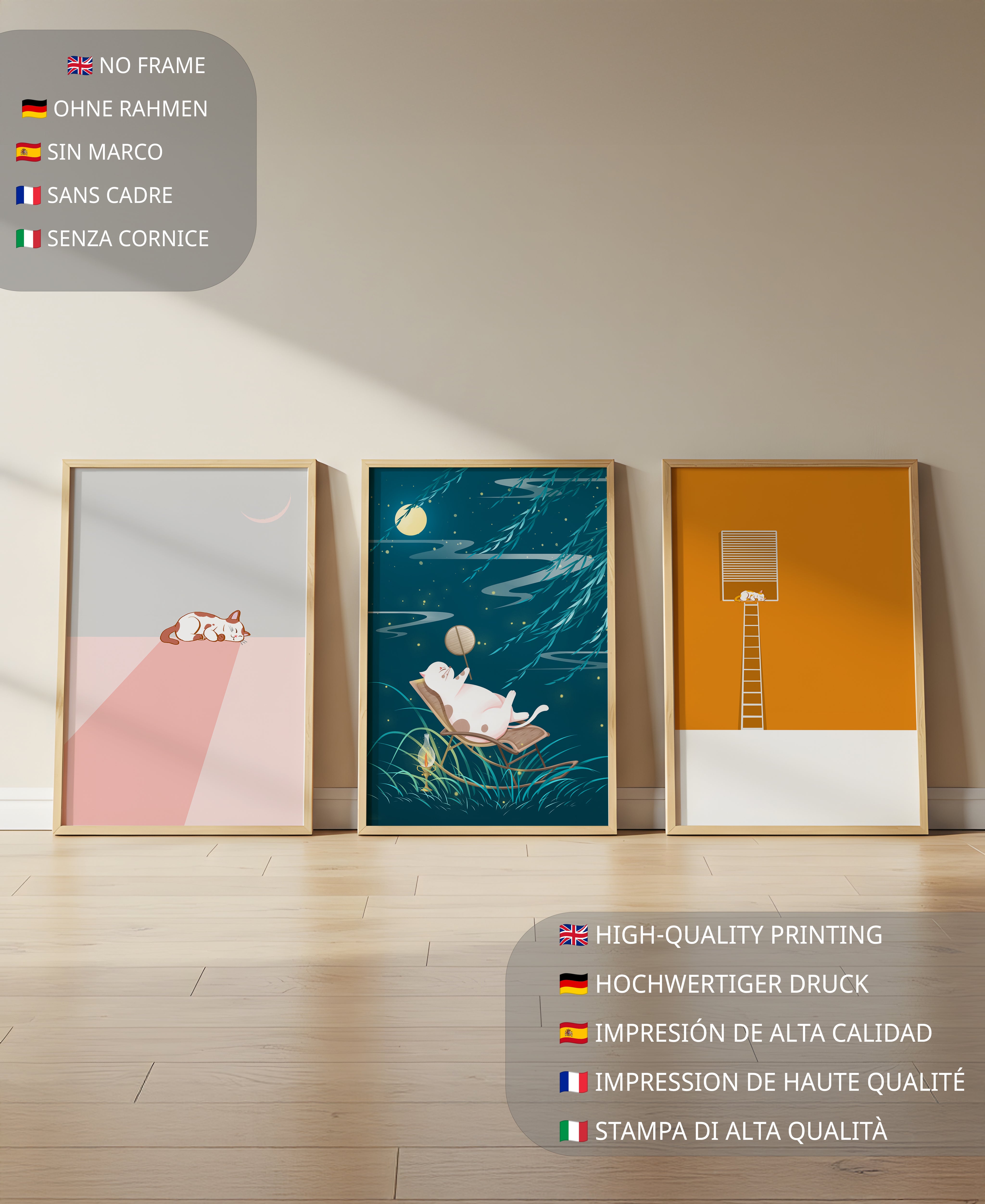 Images décoratives de chats minimalistes dans des cadres en bois