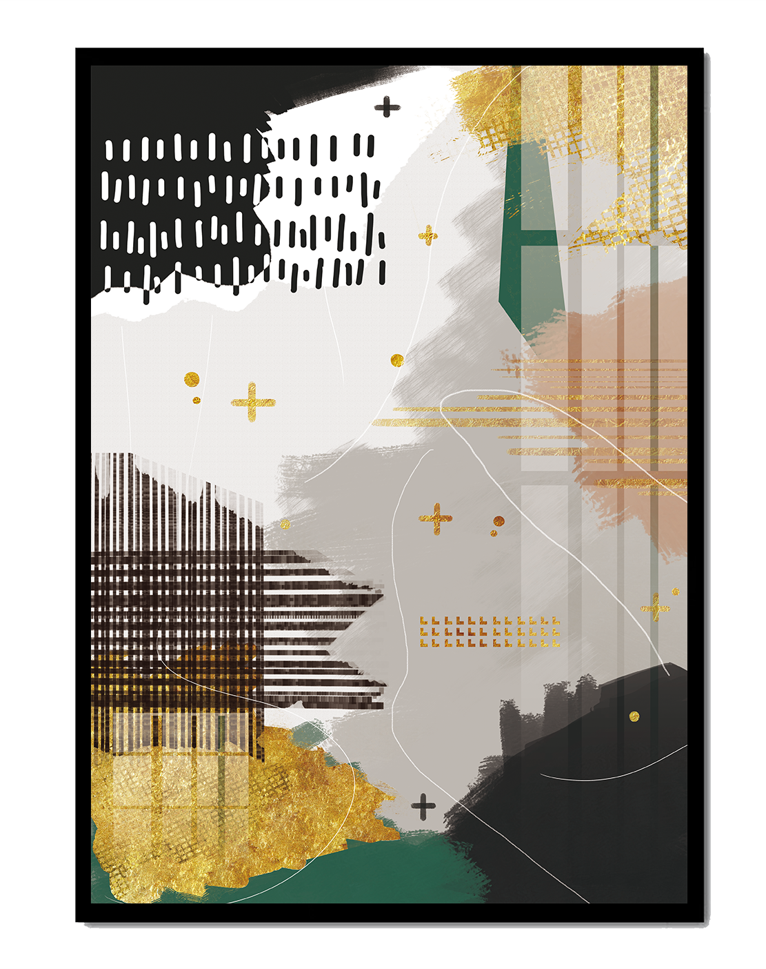 Abstract mixed media art with gold and geometric patterns