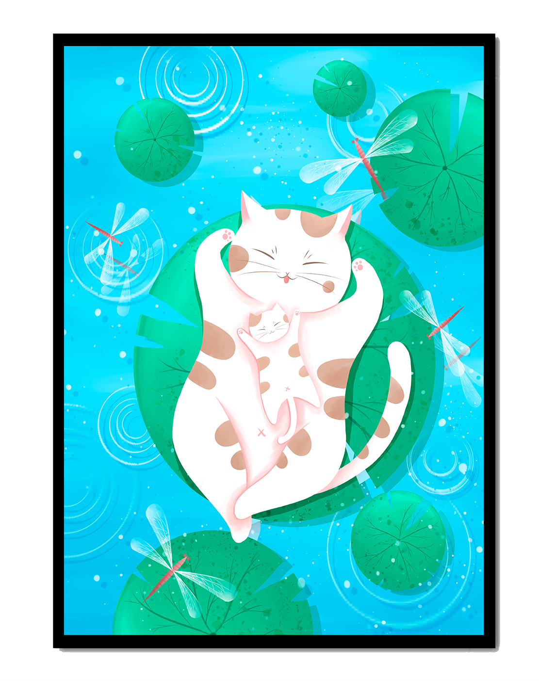 Relaxing cats floating on lily pads with dragonflies