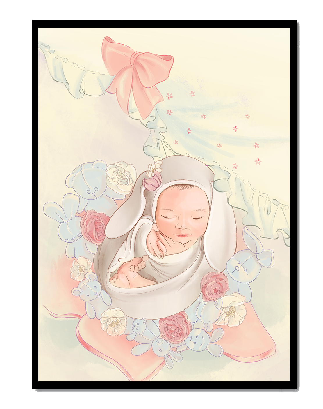 Sweet sleeping baby surrounded by soft pastel decorations