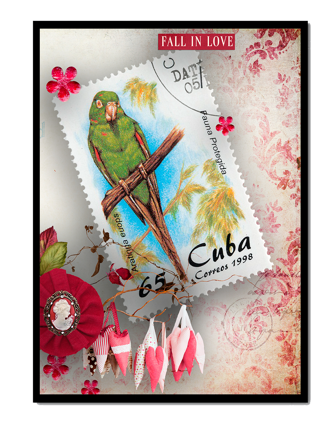 Vintage Cuban parrot stamp with romantic decorations
