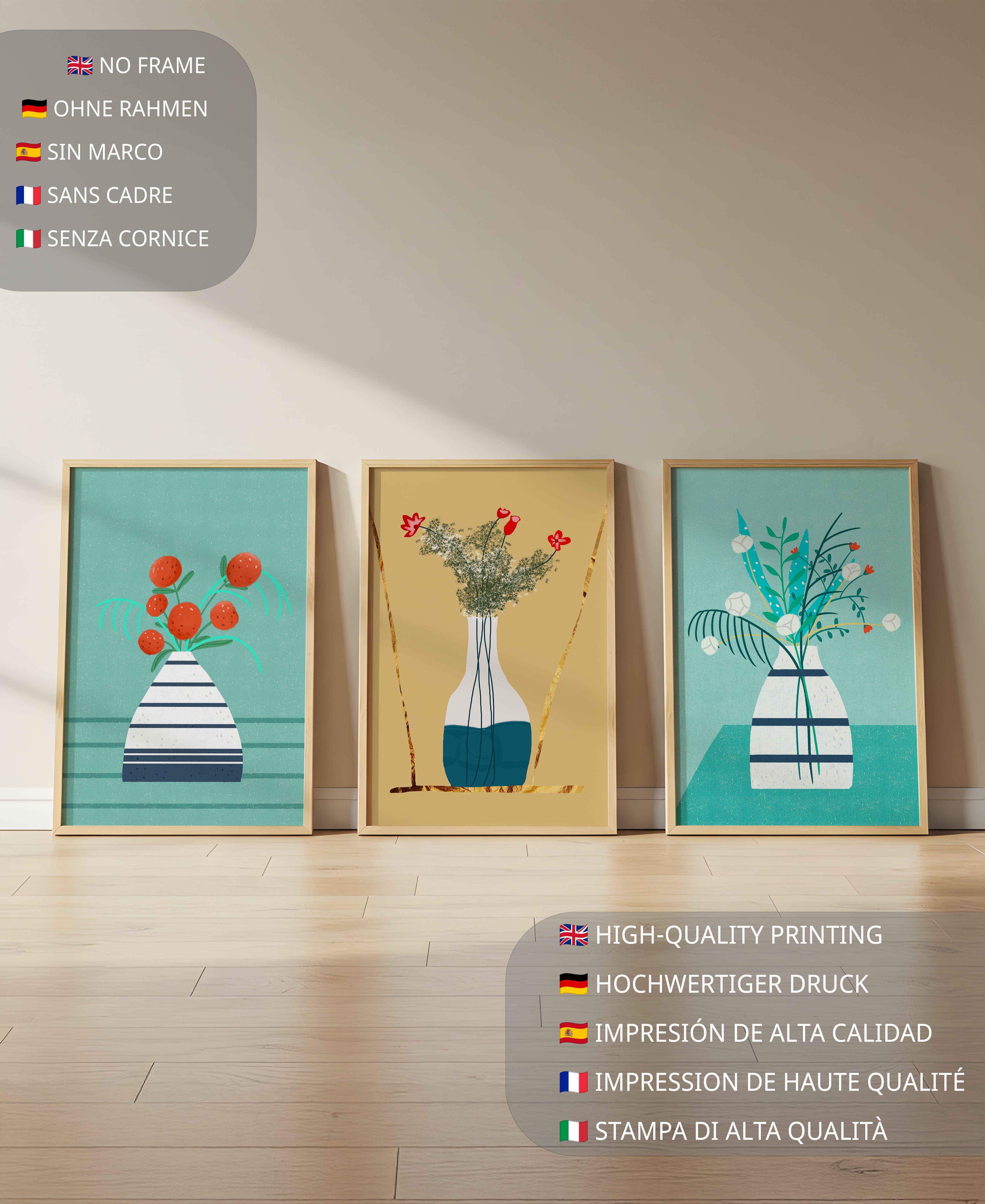 Conjunto de Tres Imágenes de Jarrones con Flores en Colores Pastel y Fondo Neutro