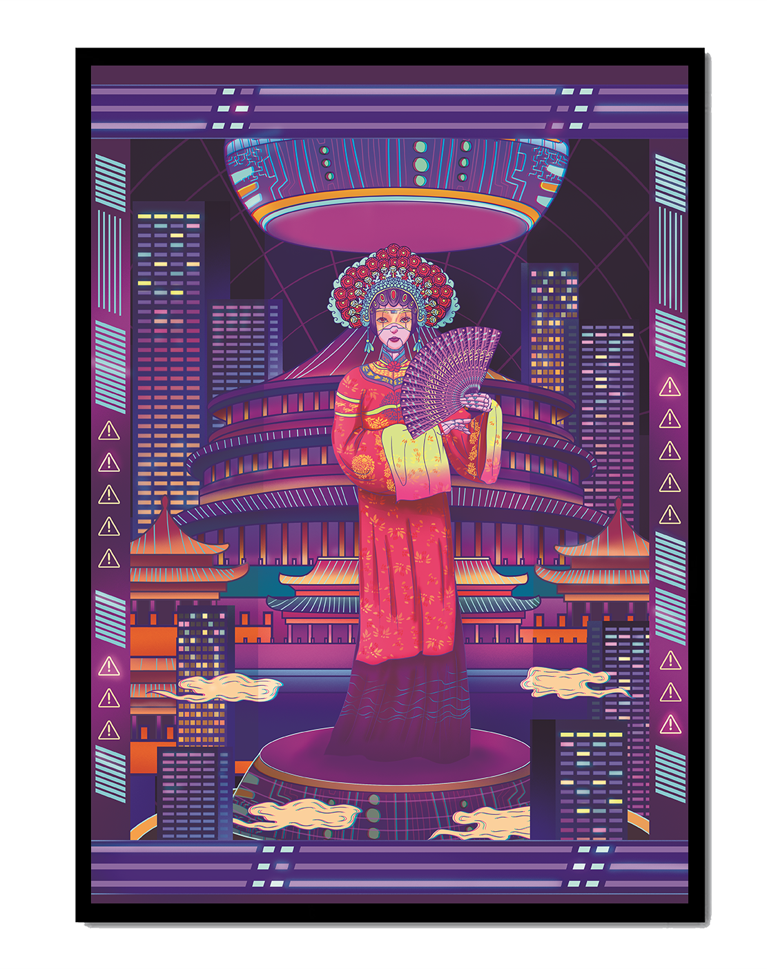 Futuristic Asian Inspired Artwork with Neon Colors and Geisha in Traditional Attire