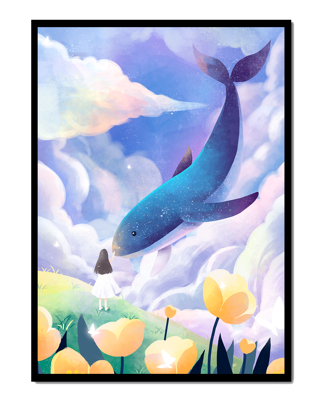 Surreal landscape with a giant whale and whimsical elements