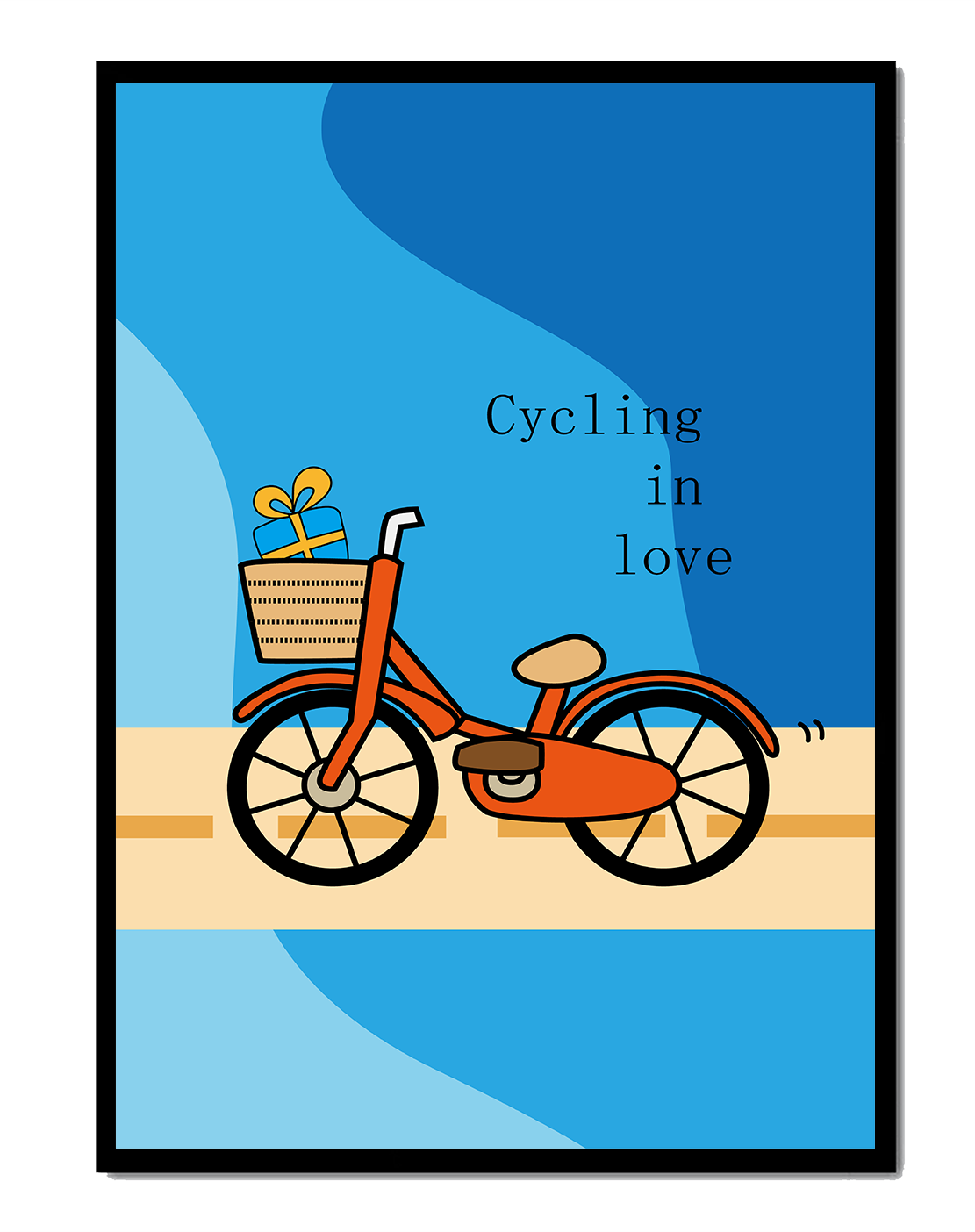 Colorful bicycle with a gift in basket against blue background