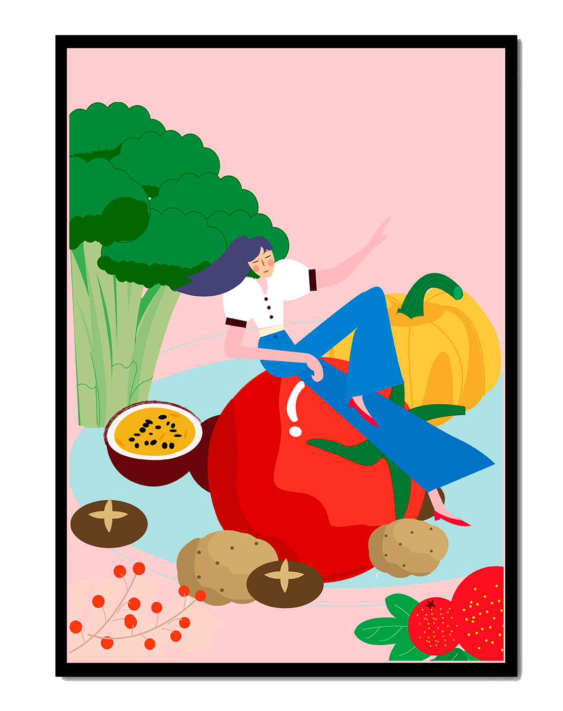 Illustration einer Frau, umgeben von farbenfrohem Gemüse und Obst