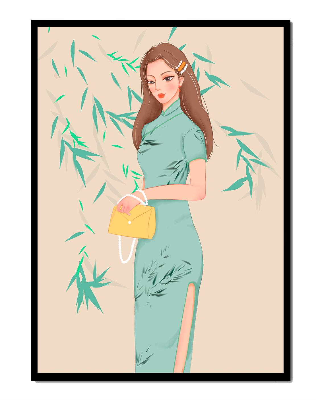 Mujer elegante con vestimenta tradicional sosteniendo un bolso amarillo con fondo de bambú