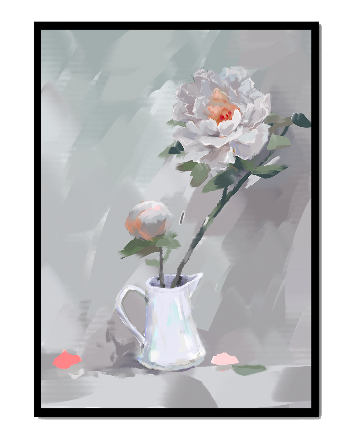 Elegant white peonies in a ceramic jug with soft pastel background