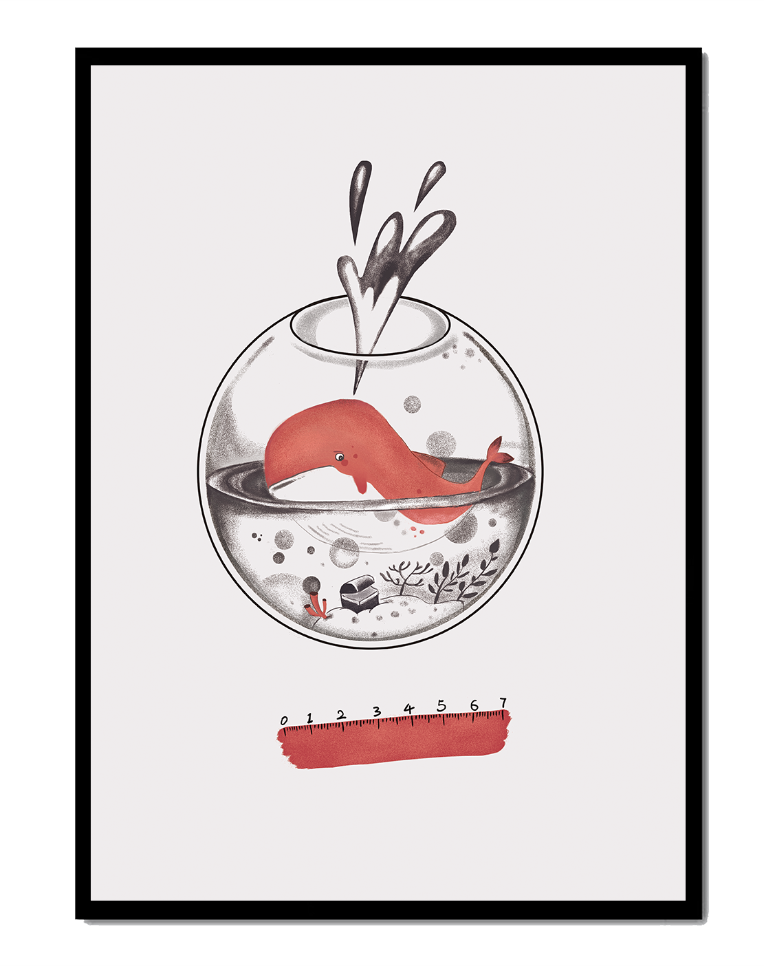 Illustration of a whale inside a fishbowl with a pink ruler