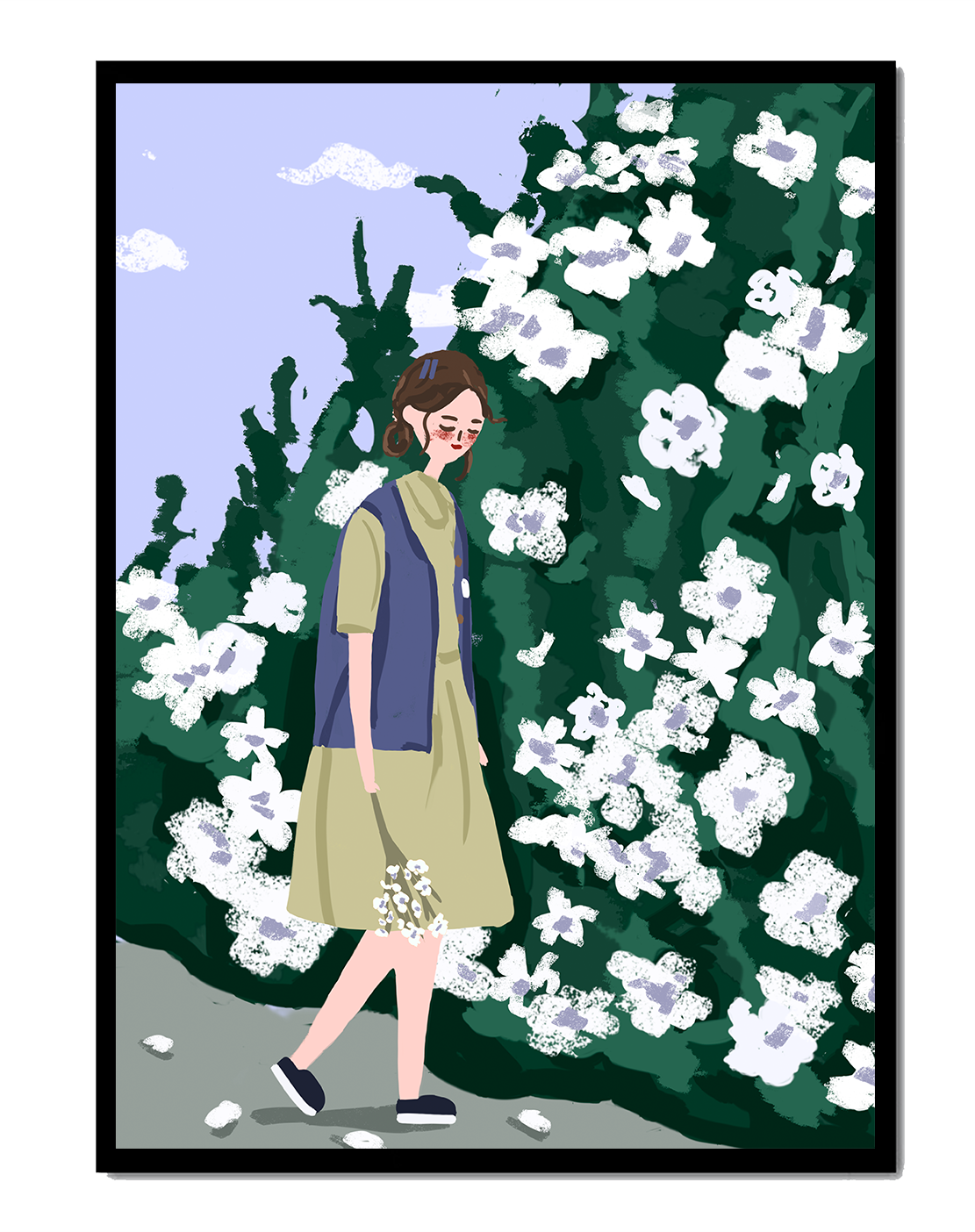 Woman walking by a lush white flower bush on a sunny day