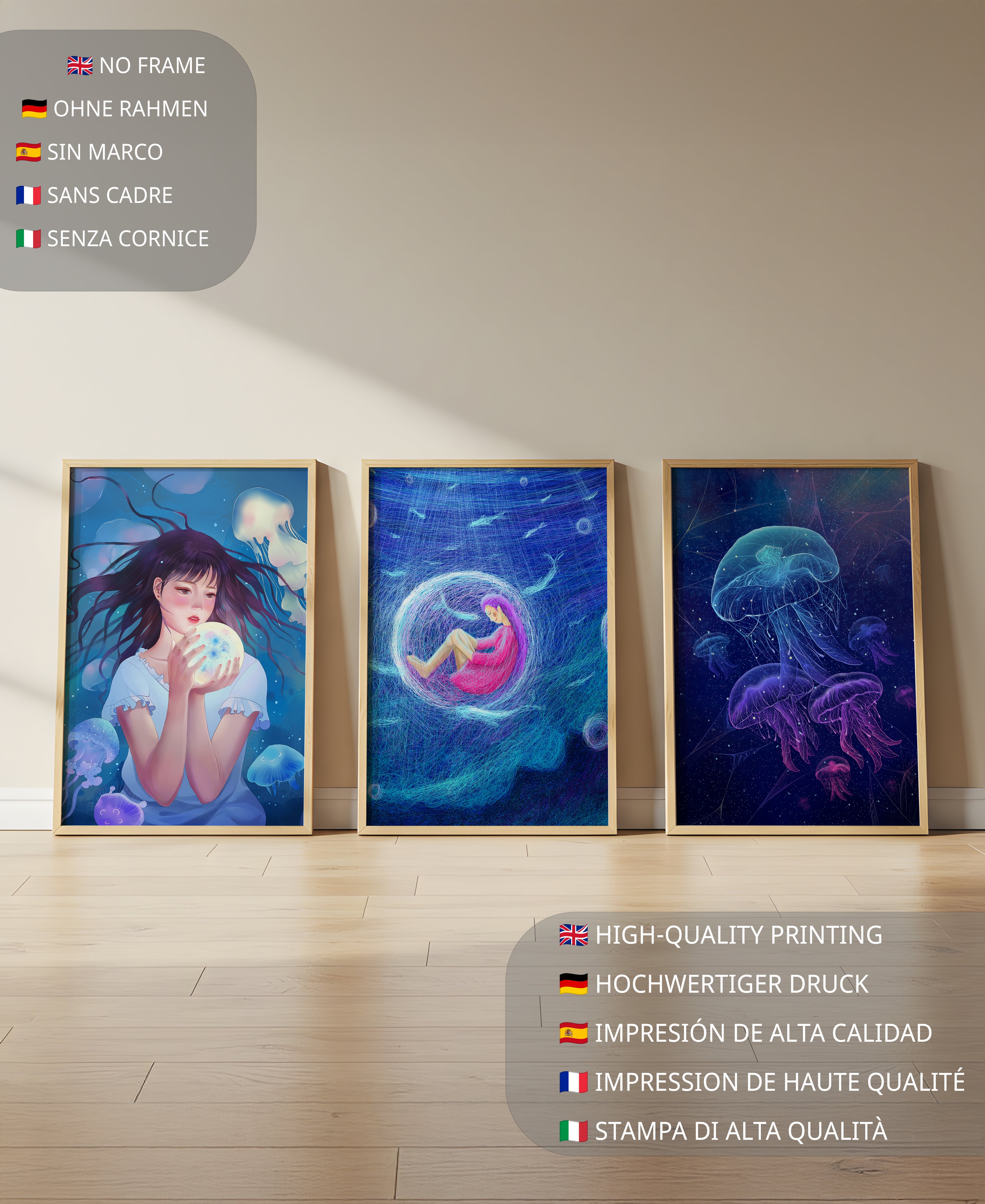 Conjunto de Lienzos con Ilustraciones de Medusas y Personajes