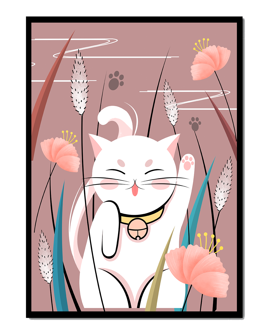 Illustration of a maneki-neko cat in a floral garden setting