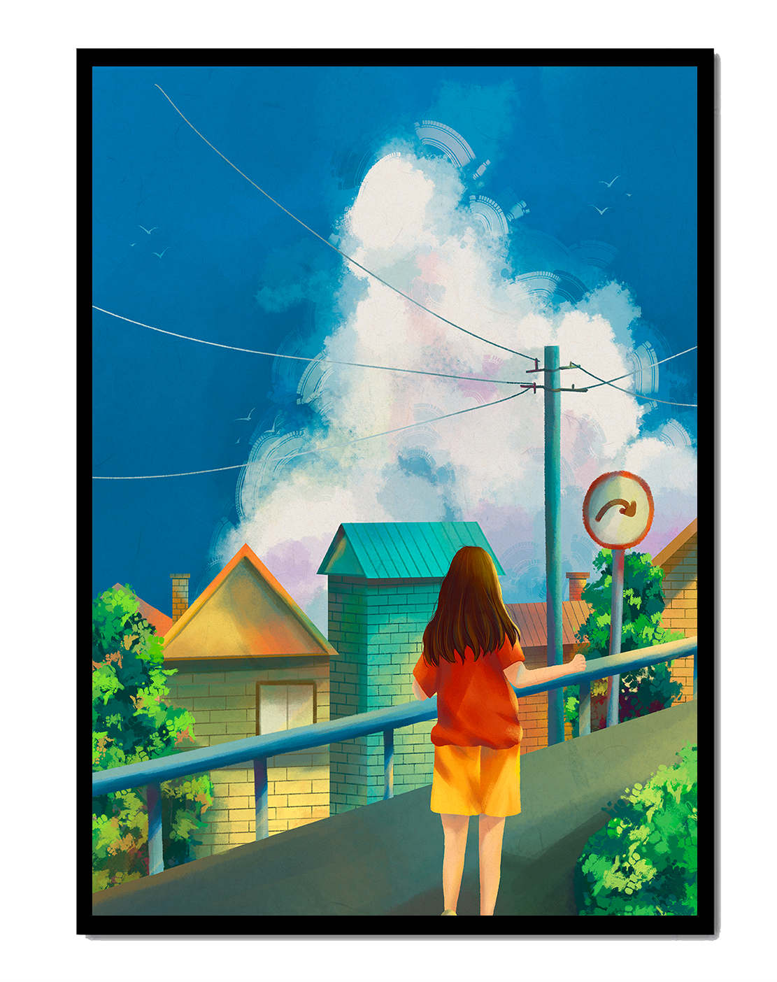 Girl standing on a bridge overlooking a suburban street with vibrant clouds and blue sky