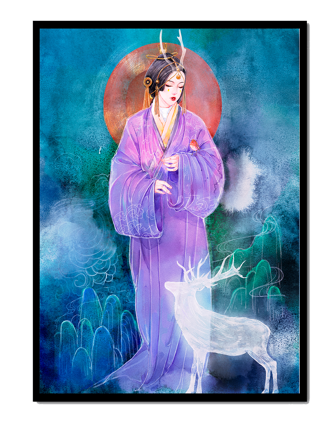 Mujer elegante con atuendo tradicional y un ciervo místico en un fondo sereno