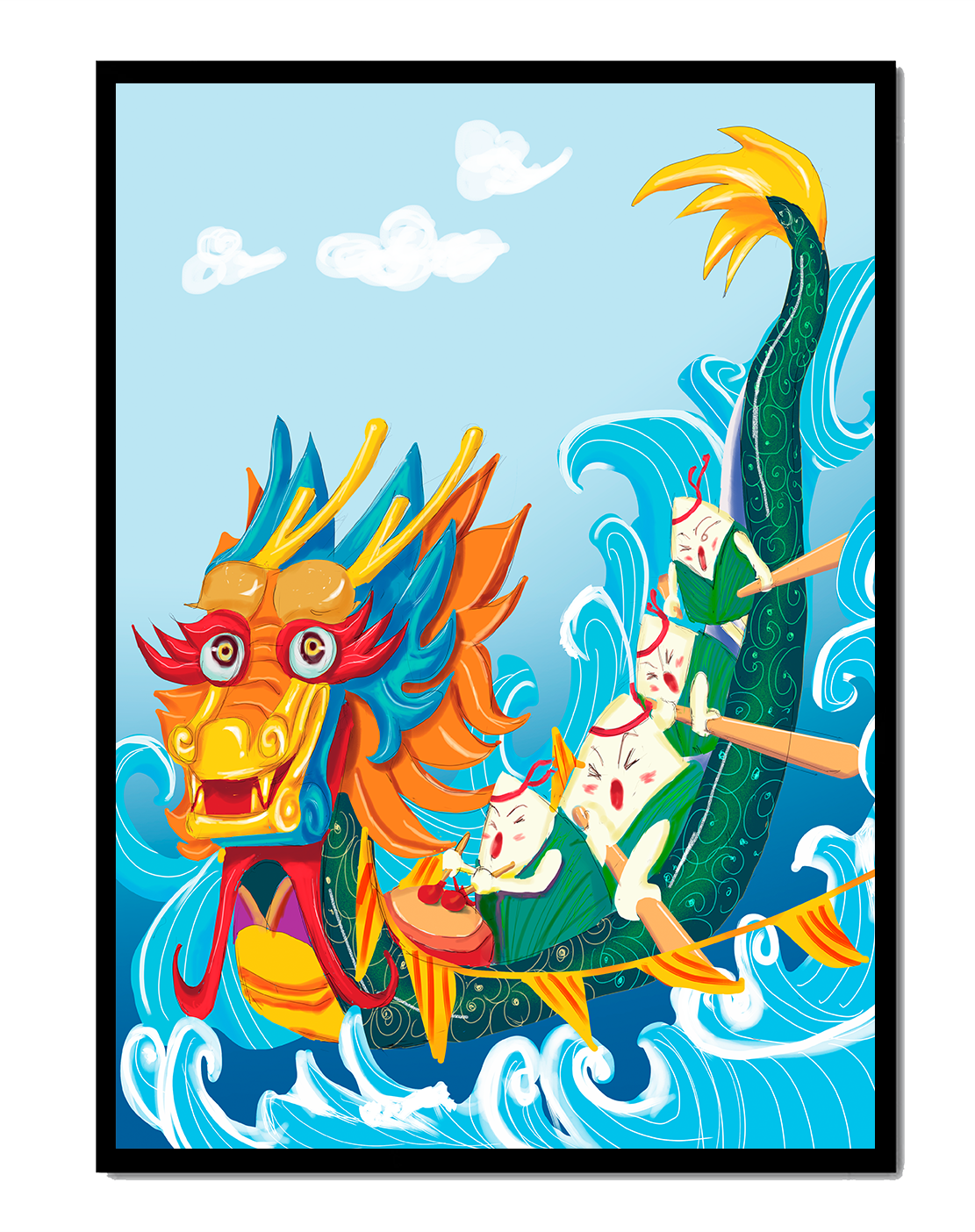 Vibrant dragon boat illustration with animated paddlers